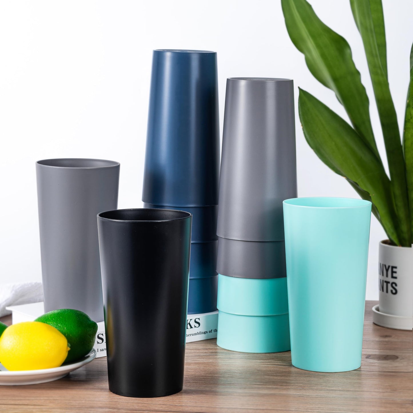 ZAINCA 26-ounce Plastic Drinking Glasses Stackable Tumblers Water Cups Mixed Drinkware, set of 12 Coastal Color Reusable Shatter-resistant Dishwasher Safe