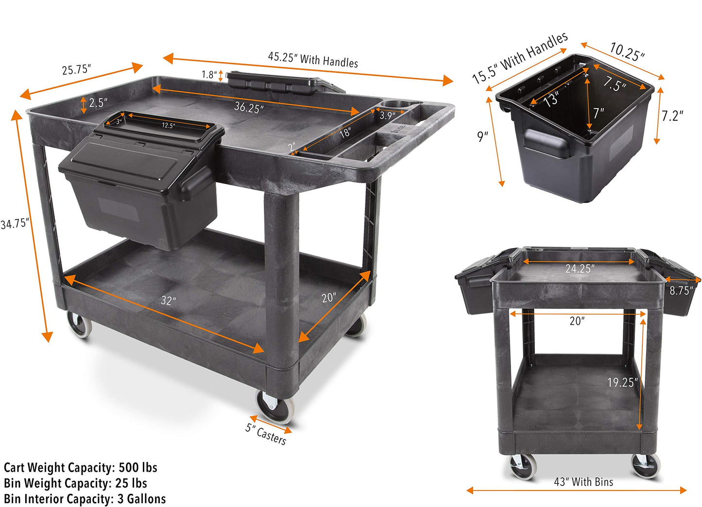 Original Tubstr Extra Large Utility Cart with 2 Attachable Storage Bins - Heavy Duty Tub Cart Supports 500 Pounds - 2 Shelf Huge Rolling Cart - Great for Warehouse, Garage & More (45.5 x 24.5 / Black)