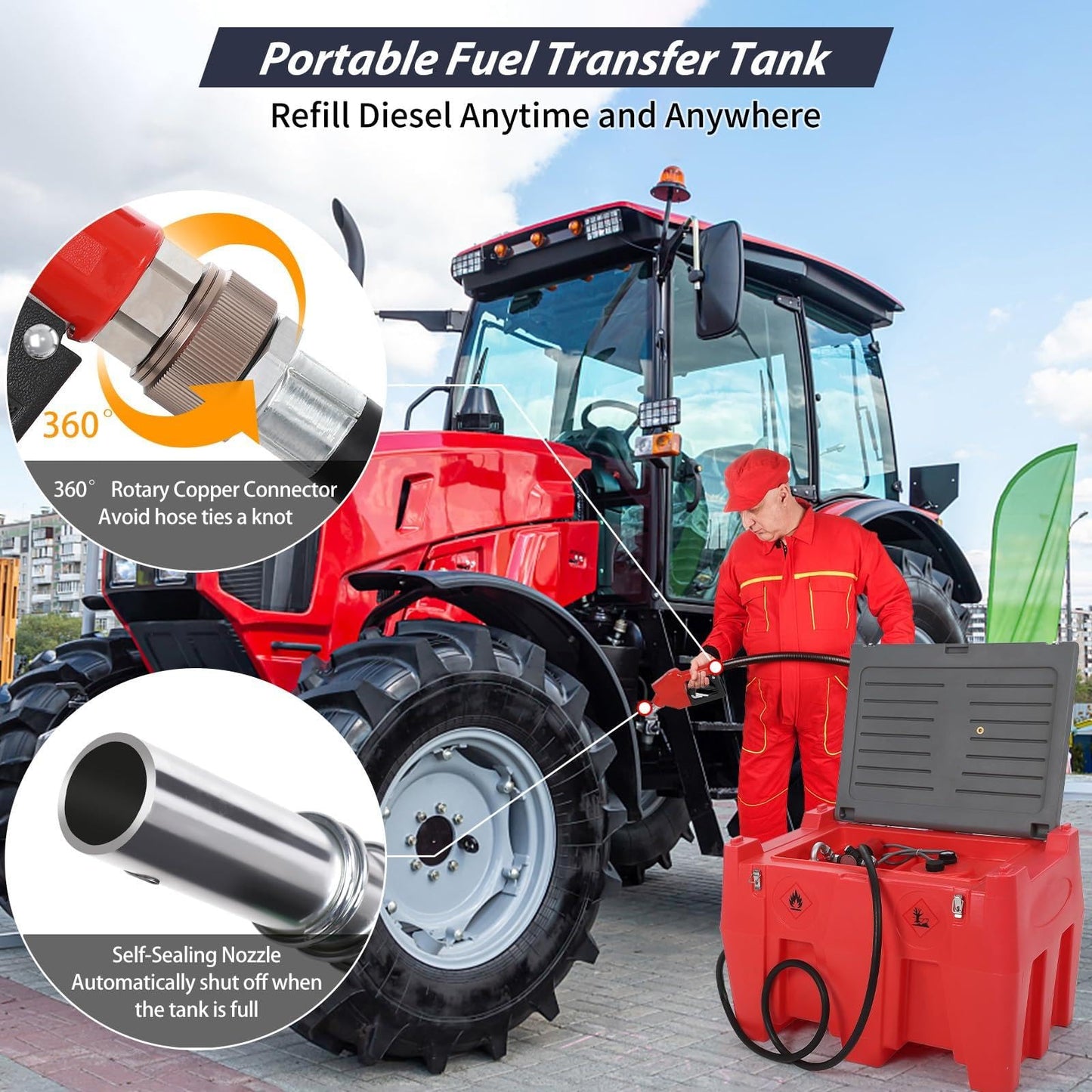 128 Gallon Portable Fuel Tank for Diesel and Gasoline, 12v 10 GPM Pump with Auto Shut-Off Nozzle, 13 Ft Hose and Swivel Connector, Heavy-Duty Transfer Tank for Truck, Tractor, Boat and Equipment