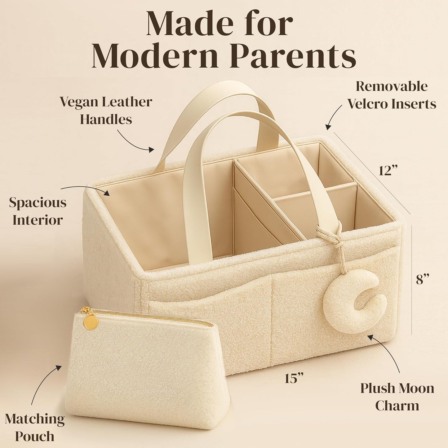 Orelle Bouclé Diaper Caddy Organizer - Portable Changing Table with Matching Pouch & Moon Pendant | Cream