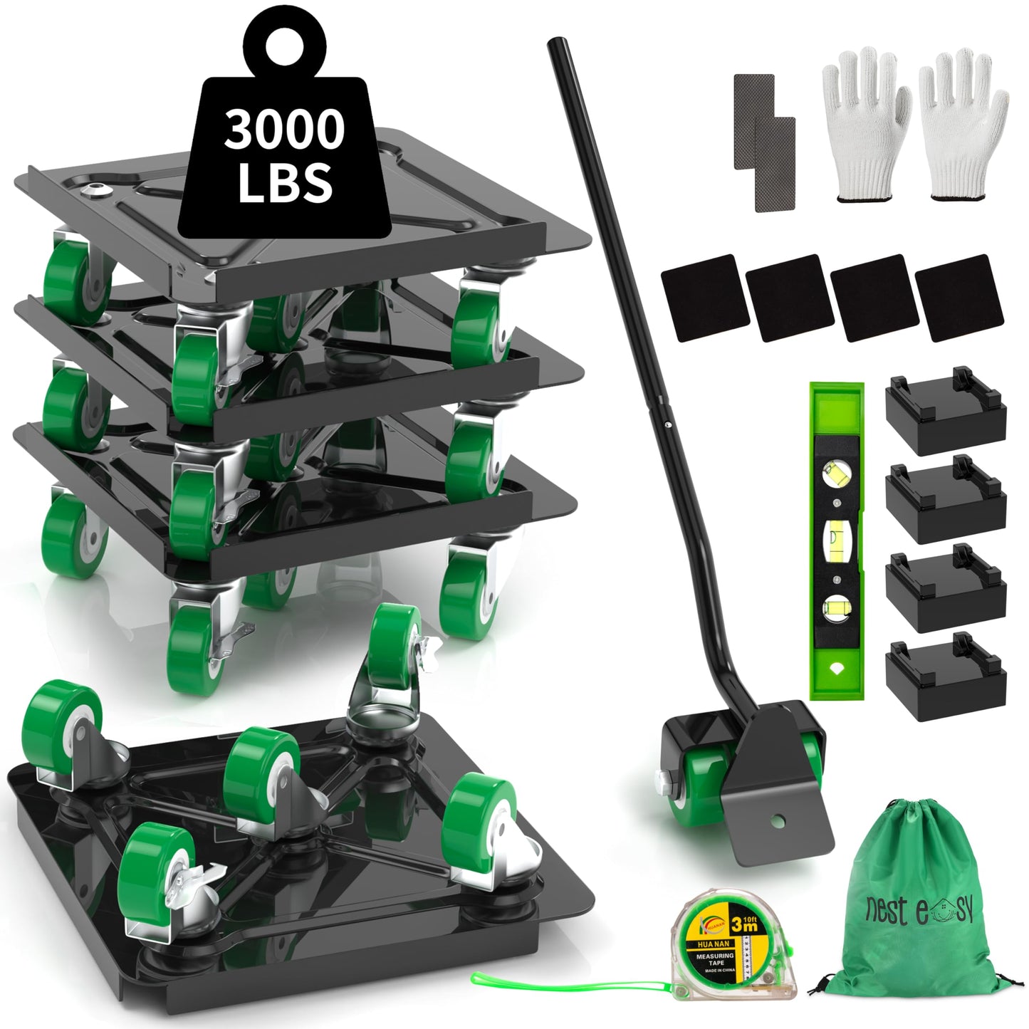 NEST EASY Heavy Duty Furniture Dolly 360° Rotating 5 Wheels, Alloy Steel Furniture Movers Up to 3000 lbs/1360 Kg Load Capacity with Measure Tape and Leveler (5.3x5.3 in)