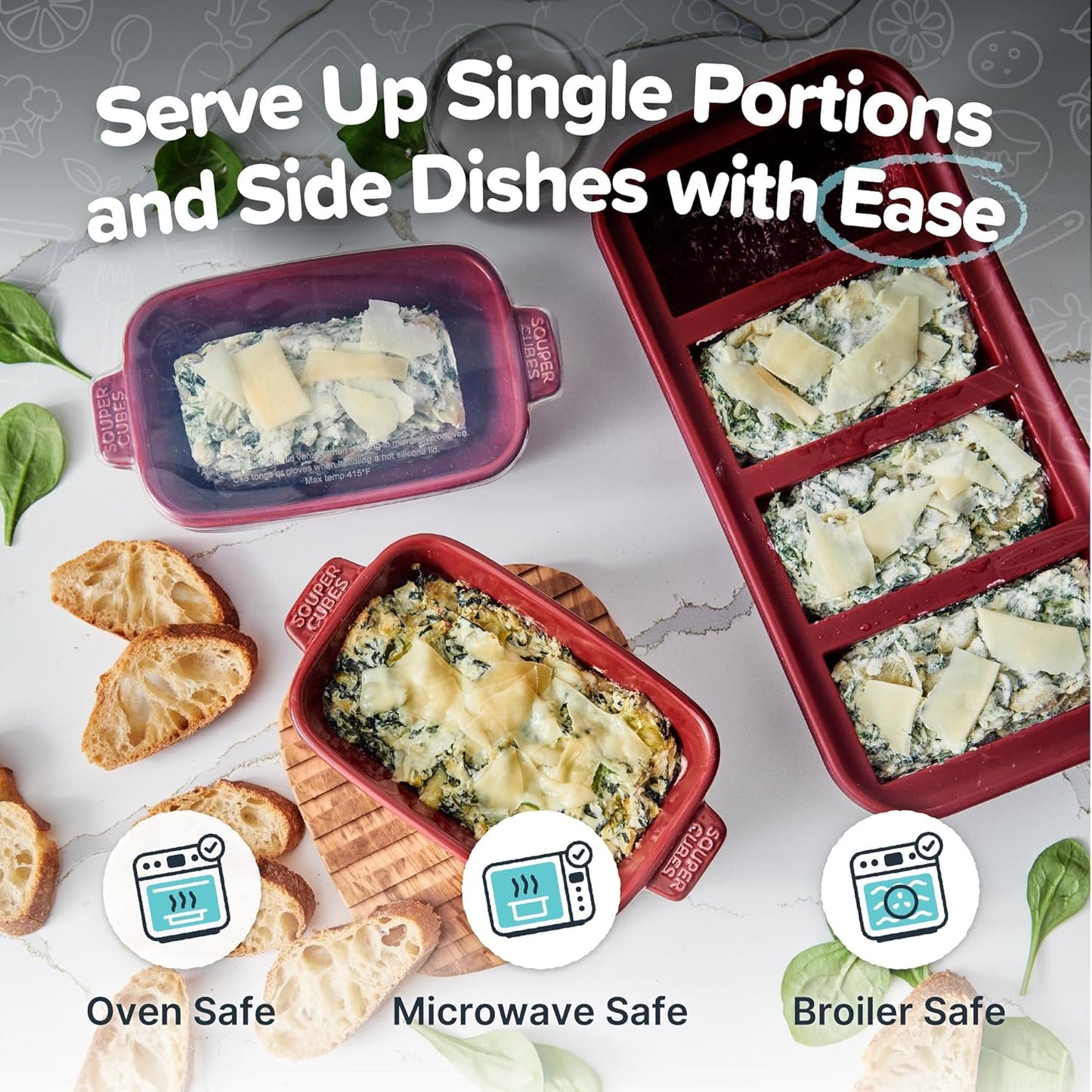 Souper Cubes Stoneware - Small 5" x 3" Ceramic Baking Dish Set with Silicone Covers | Perfect for Reheating Single Servings - Cranberry