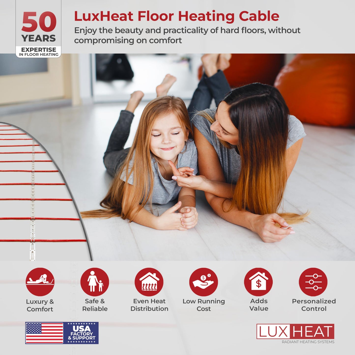 LuxHeat 200sqft Floor Heating Cable Kit - 240v Heated Bathroom Floor Kit - Heated Flooring System Includes UDG Programmable Thermostat w/GFCI, Heating Cable, Strapping, Flooring Sensor & Alarm