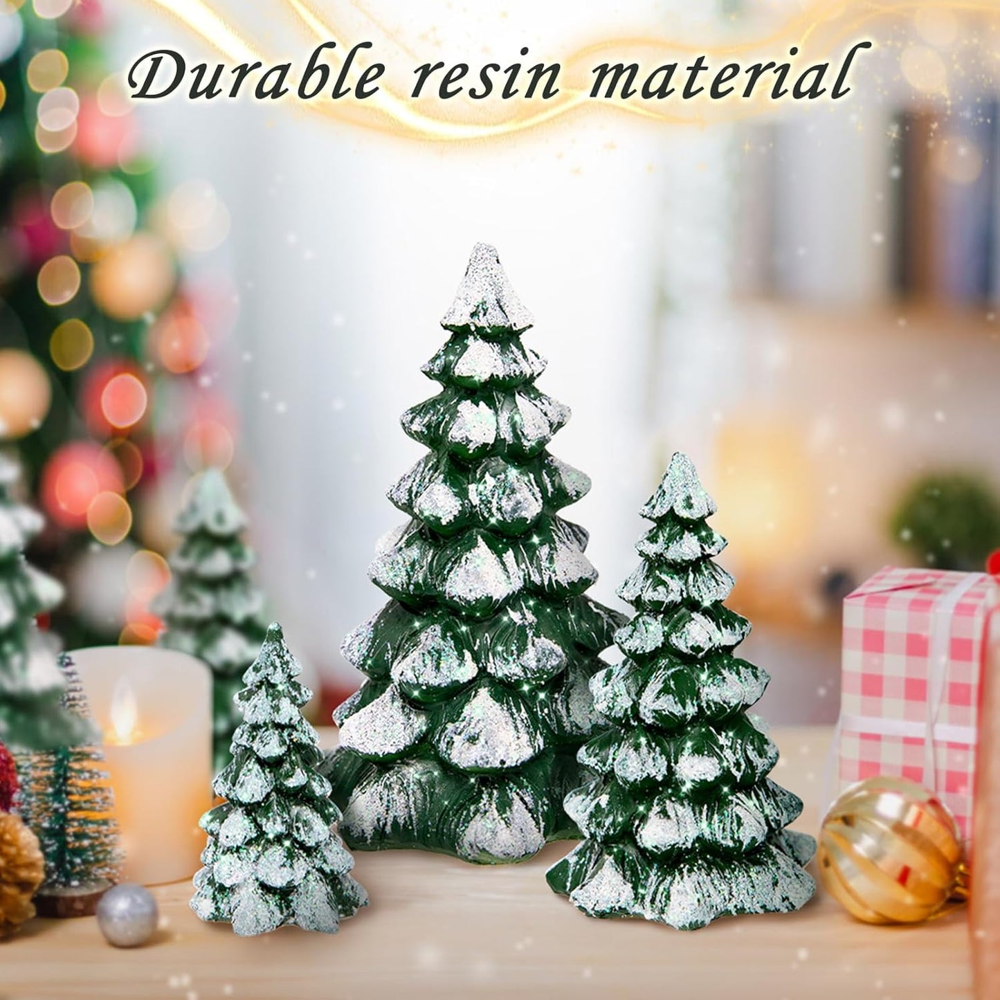 Skiennix Winter Wonderland Village Scene - 3-Piece Pine Accessory Figurine Set | Christmas Tree Decorations, Green