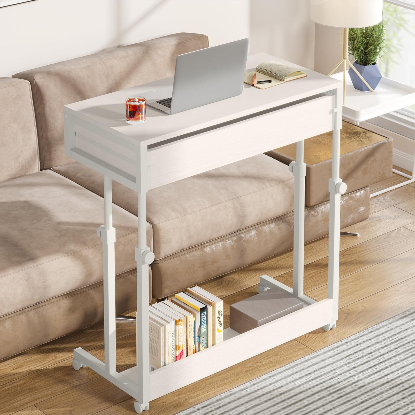 Tribesigns Portable Desk with Drawers, Mobile Laptop Desk with Wheels, Sofa Side Table Bed Desks, Small Standing Desk for Home Office (White)