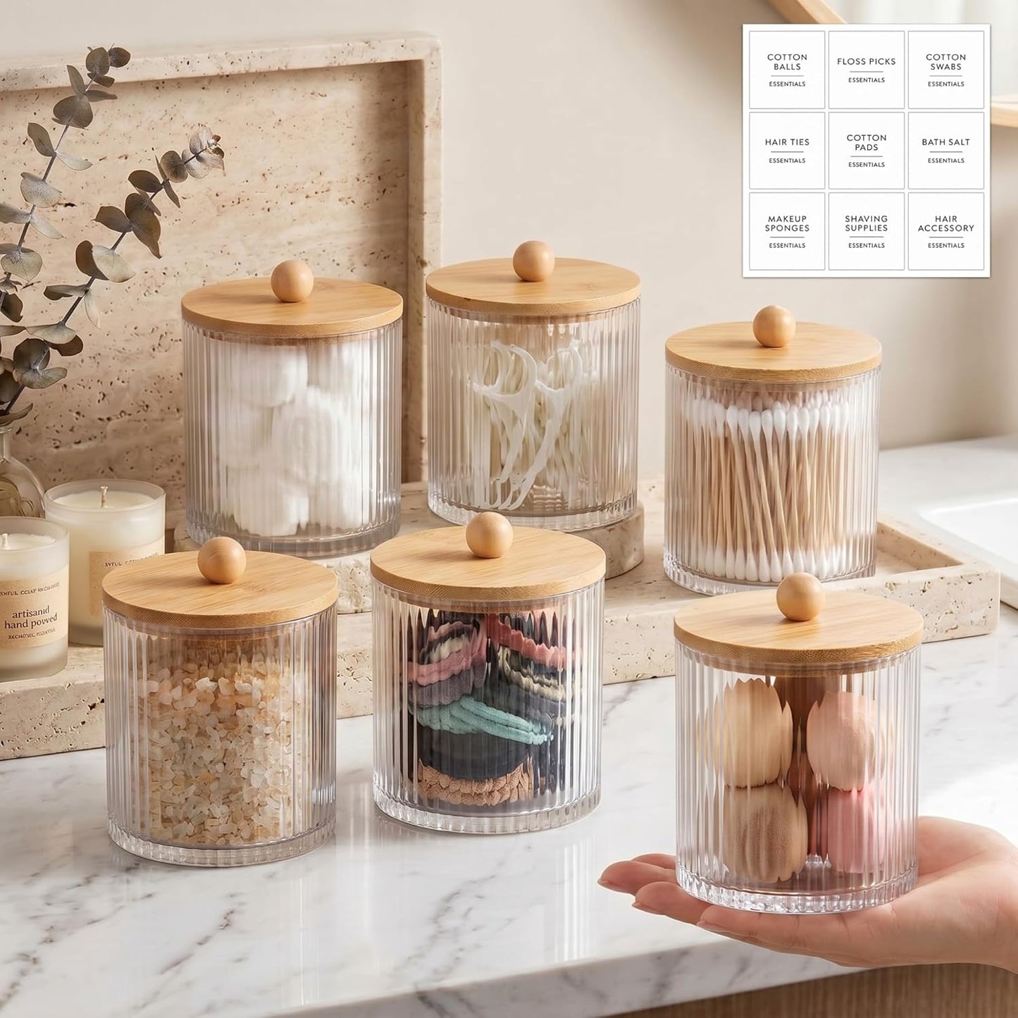 Yaomiao Ribbed Bathroom Canisters - 6 Pcs Apothecary Jars with Bamboo Lids & Labels | 18 oz Plastic Storage