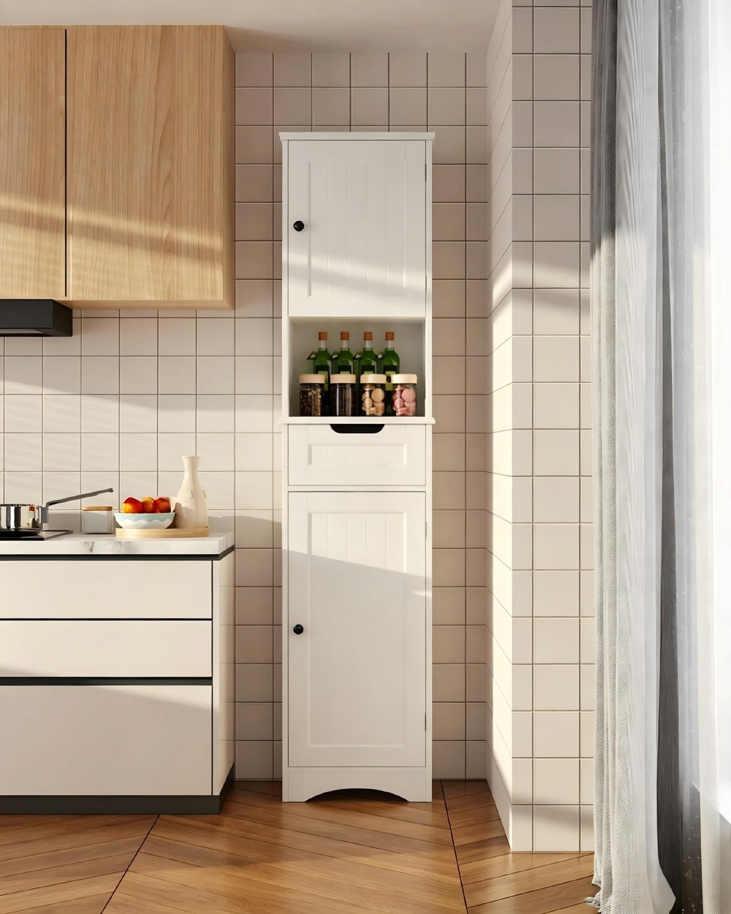 Gizoon 67" H Tall Bathroom Storage Cabinet, Narrow Storage Cabinet with 2 Doors & Drawer, Towel Cabinet with Freestanding Adjustable Shelves for Small Spaces, Kitchen, Living Room, Anti-Tipping, White