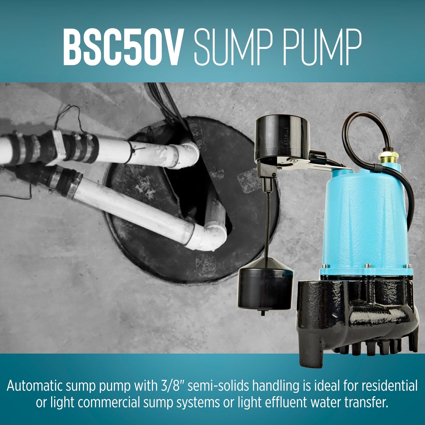 Little Giant BSC50V 1/2 HP, 115 Volt, 3840 GPH Automatic Submersible Cast Iron Sump/Effluent Pump with Piggy-back Vertical Float Switch and 10-Ft. Cord, Blue, 511252