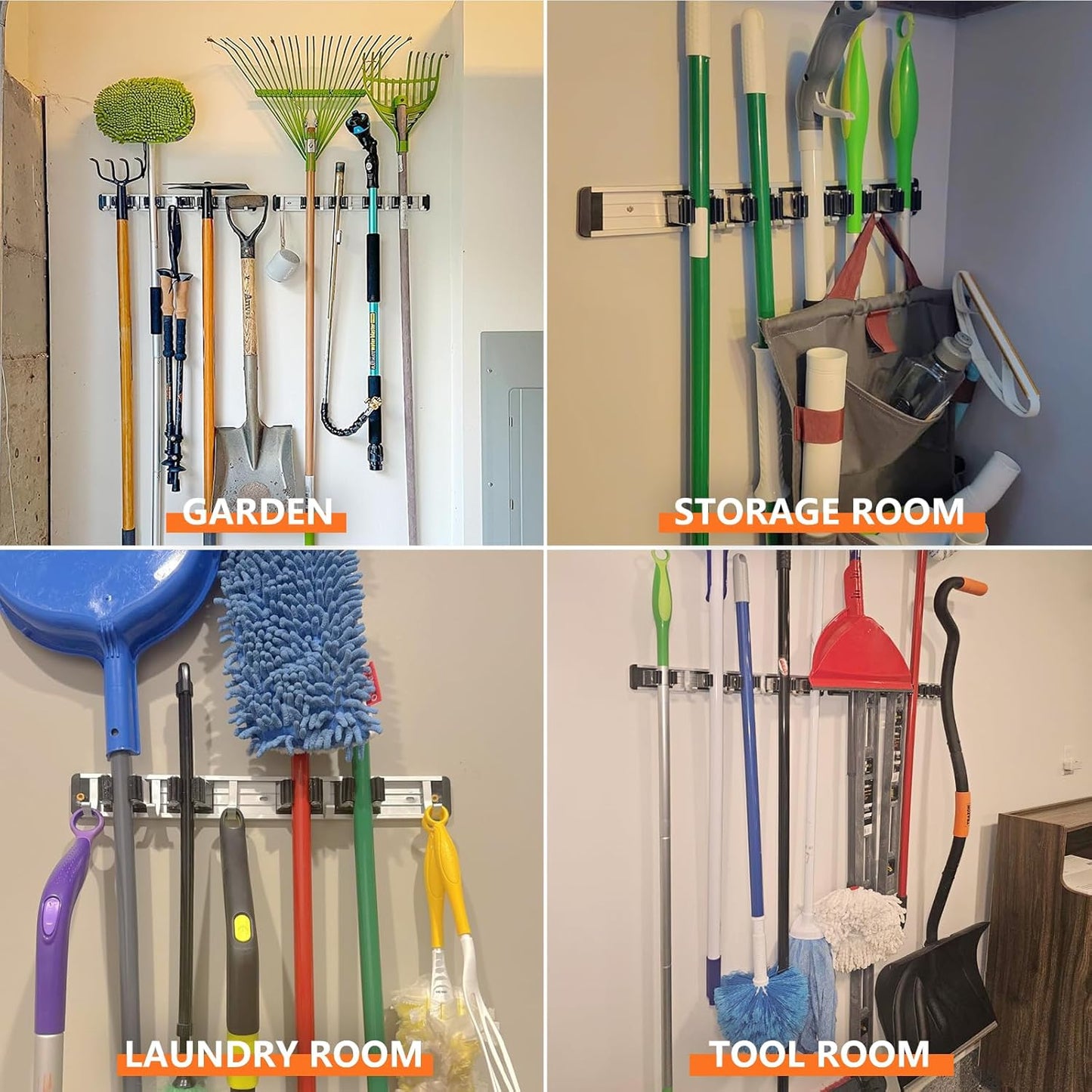 Reliahom Broom Holder Wall Mount - 2 Pack with 5 Racks & 4 Hooks | Black Mop Storage Organizer for Garage, Kitchen, Garden, Laundry Room