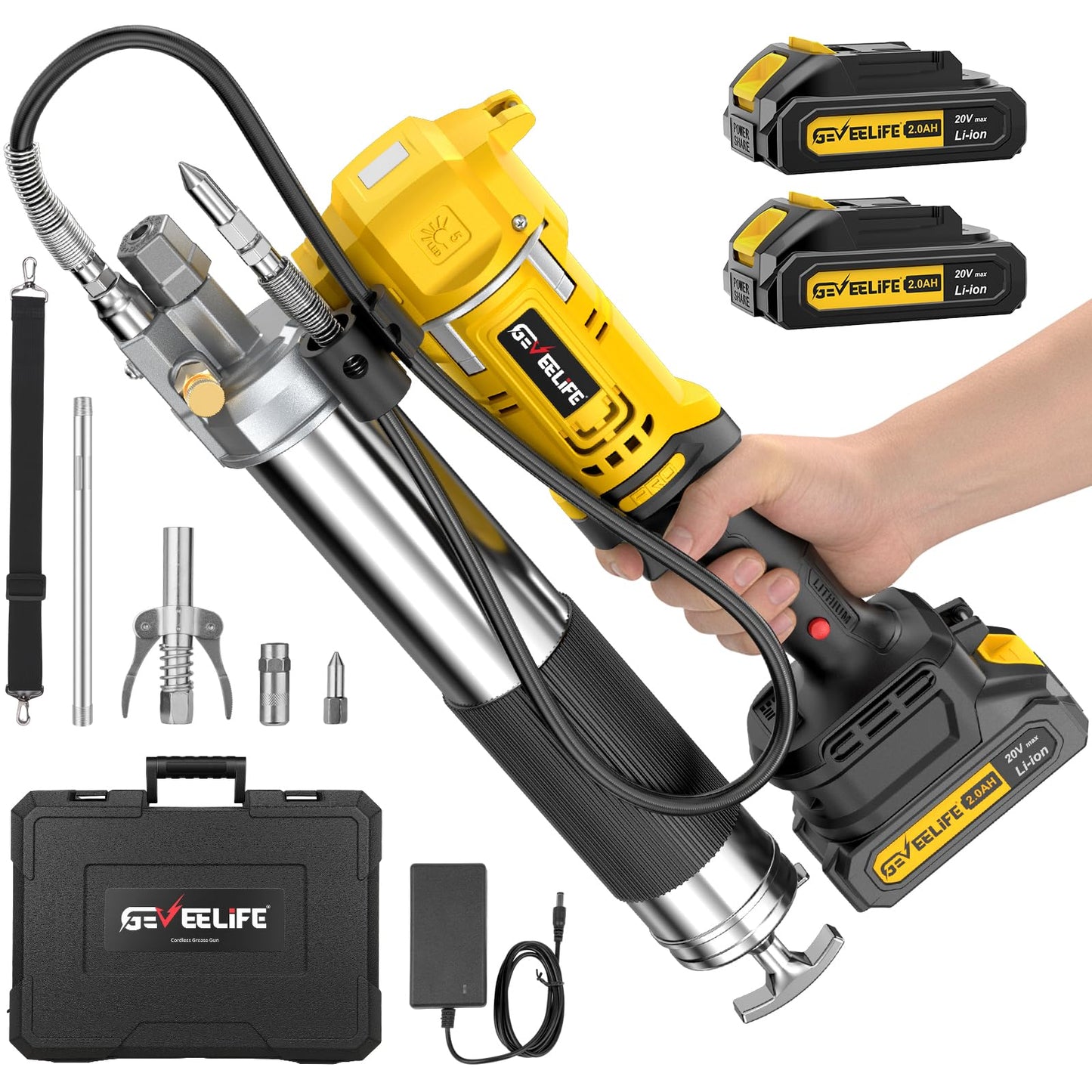 GEVEELIFE Electric Grease Gun - Equipped with 2×2000mAh Batteries, Fast Charger & 90° Swivel Coupler, 10,000 PSI - Works with Bulk & Cartridge Grease for Farm, Truck, Construction