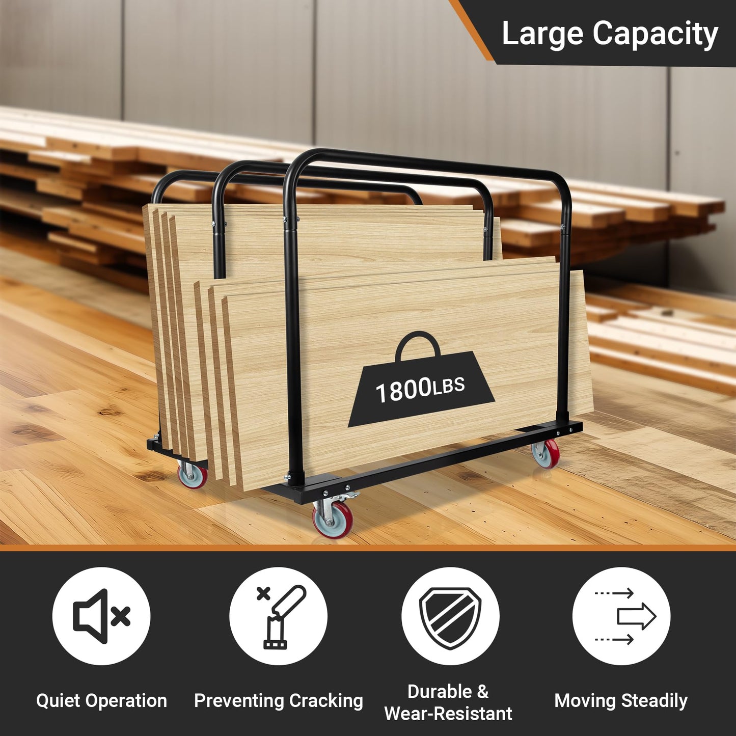Eastrexon Steel Panel Truck, Drywall Cart w/ 5” PU Swivel Wheels, Heavy-Duty Panel Dolly Cart w/ 1800 LBS Capacity, for Handling Wall Panel/Lumber/Folding Table/Sheetrock， 45.6" L x 29" W x 39" H