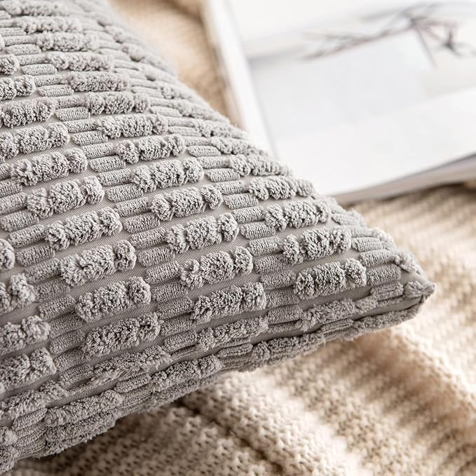 MIULEE Pack of 2 Corduroy Decorative Euro Sham Throw Pillow Covers 26x26 Inch Soft Boho Striped Pillow Covers Modern Farmhouse Home Decor for Sofa Living Room Couch Bed Light Grey