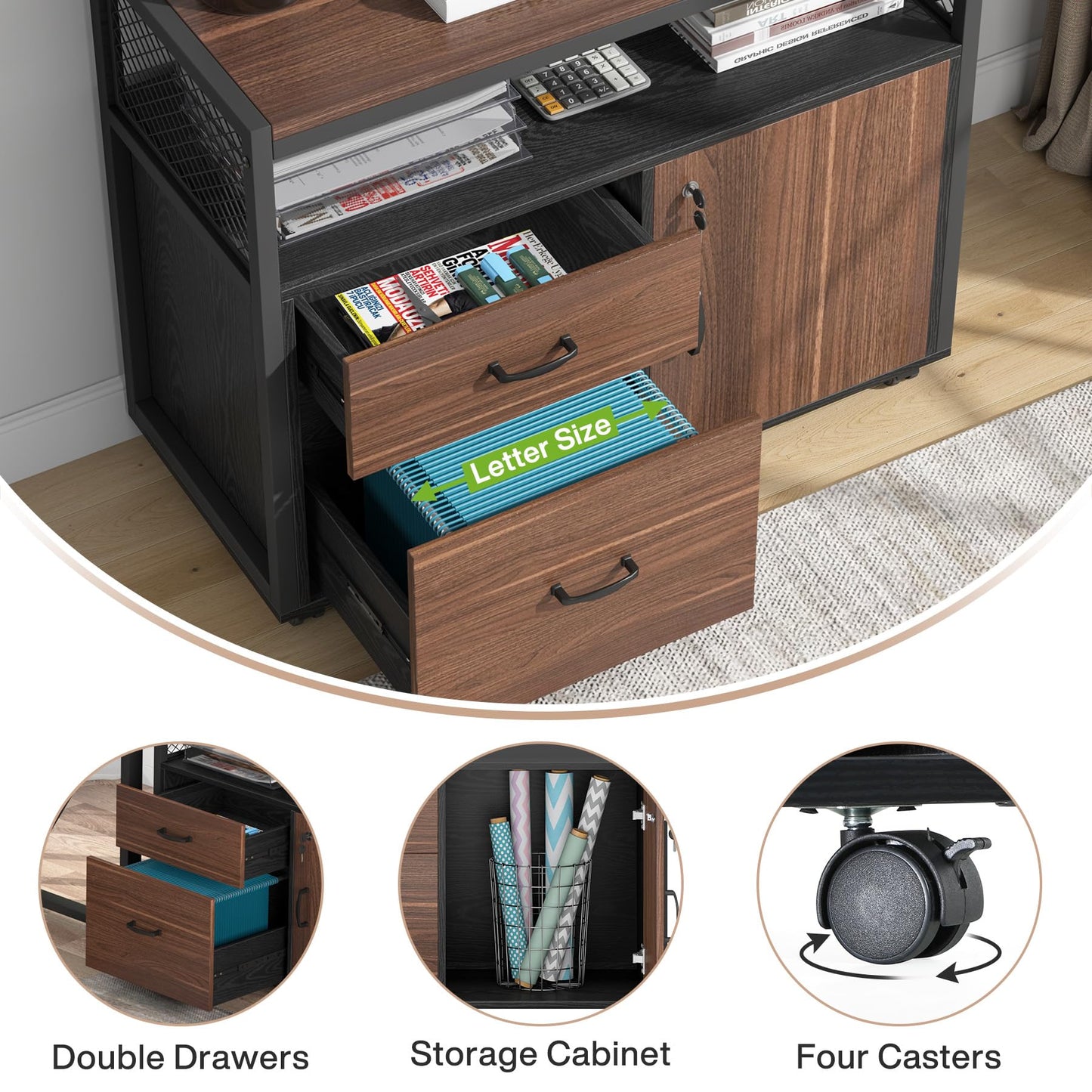 Tribesigns 63" Executive Deskwith Drawer Cabinet, L Shaped Desk and lateral File Cabinet, 2 Piece Home Office Furniture Set with Drawers for Hanging, Doors with Locks (Dark Brown, 63 inches)