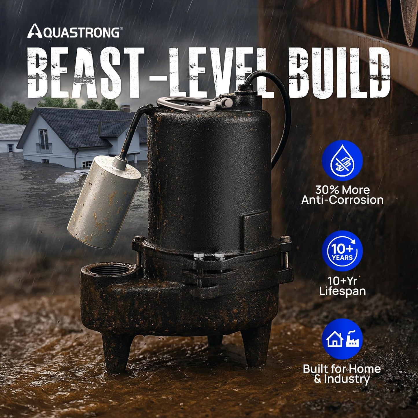 Aquastrong Cast Iron Sewage Pump 1/2HP Effluent Pump 115V 6030 GPH Sump Pump with Auto Float Switch, Ideal for Basement Sump Pits, Industrial Wastewater - Commercial-Grade Sewage System