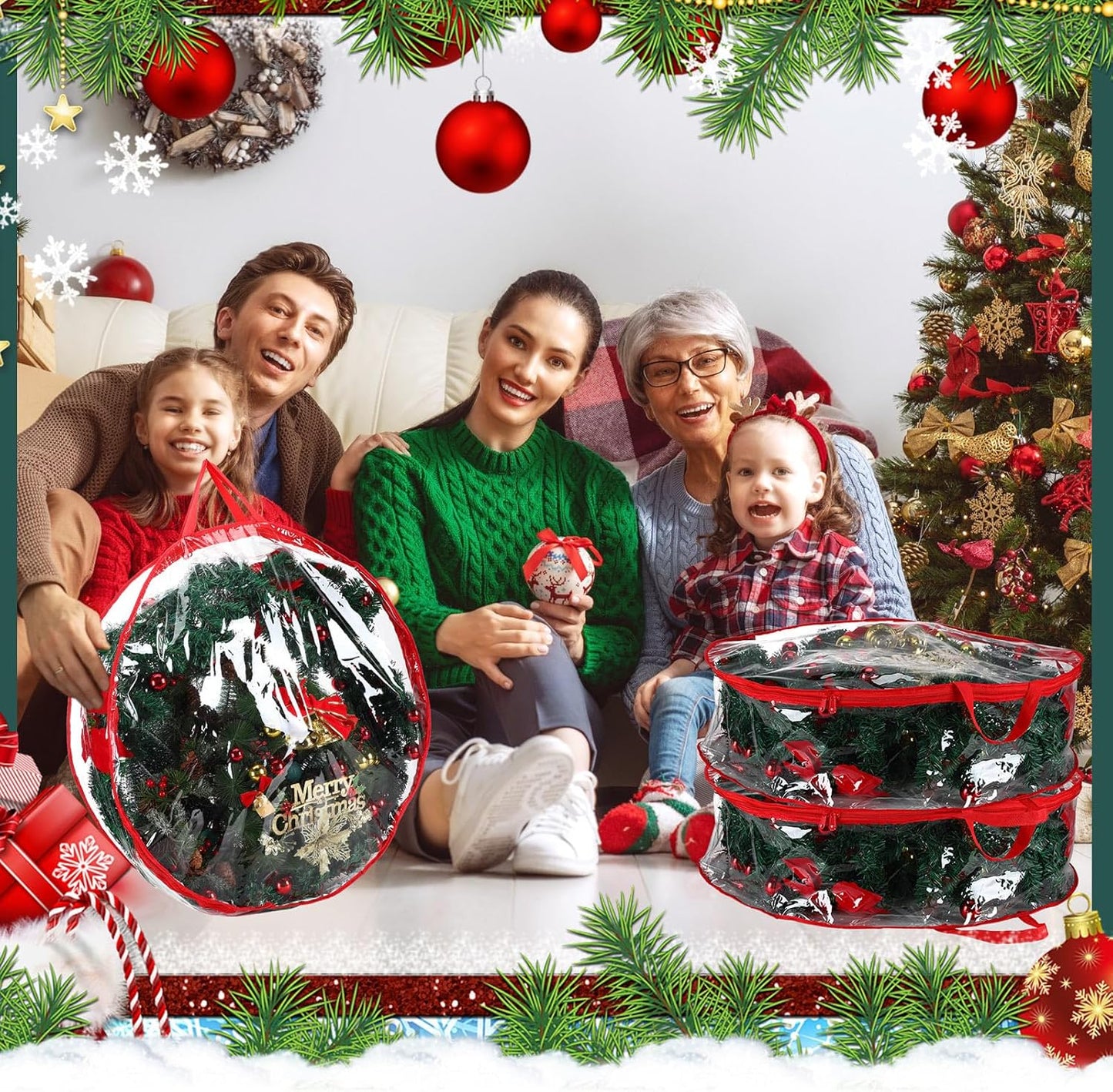 Shappy Christmas Wreath Storage Bag - 24-Inch Clear Container with Dual Zippers & Reinforced Handles | Red