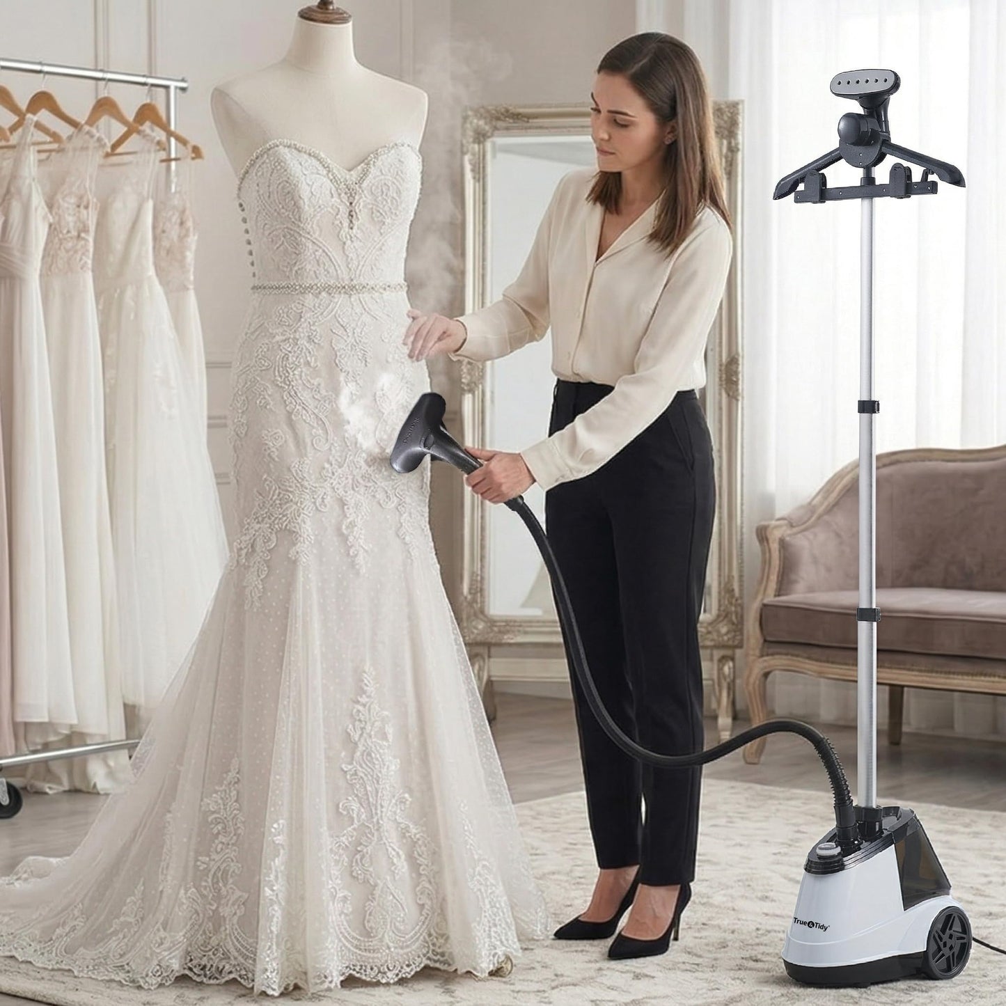 True & Tidy Heavy Duty Commercial Full Size Standing Garment Steamer for Clothes with Extra Large 3L (101 oz) Water Tank for 90+ mins of Steam Time, 1800 watts of Powerful Steam, 3 Settings, White