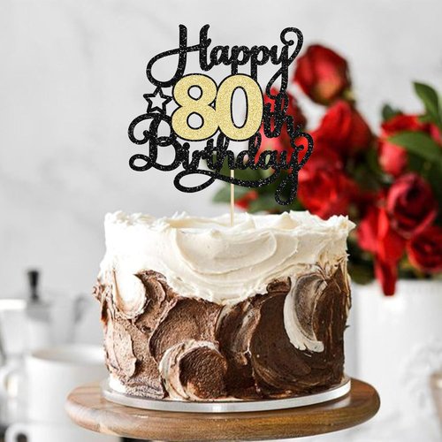 Happy 80th Birthday Cake Topper by [Brand Name] - Black Gold Glitter Cheers to 80 Years Decoration