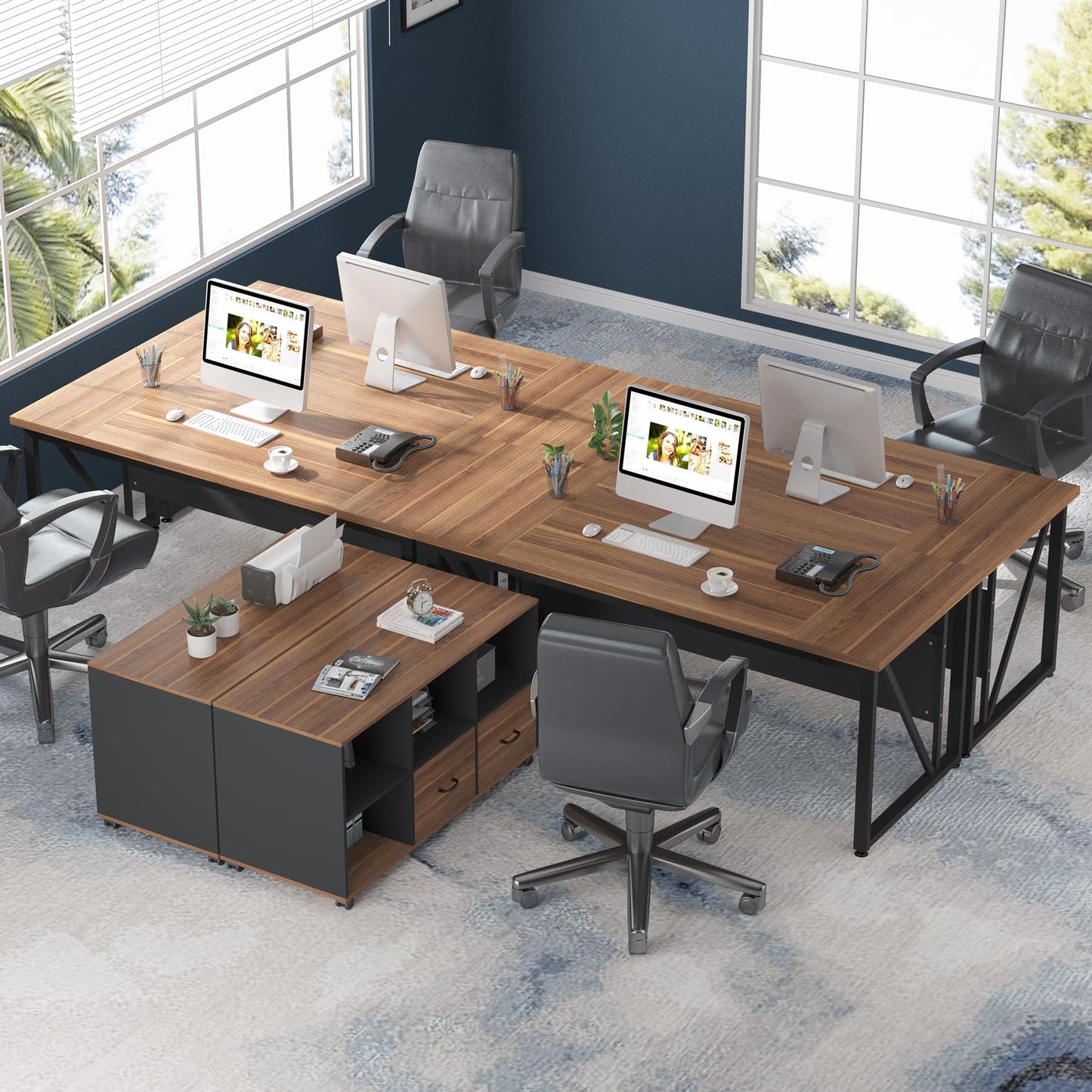 Tribesigns 63 inches Executive Desk and 47" lateral File Cabinet, L-Shaped Computer Desk Home Office Business Furniture with Drawers and Storage Shelves, Office Table,Brown and Black