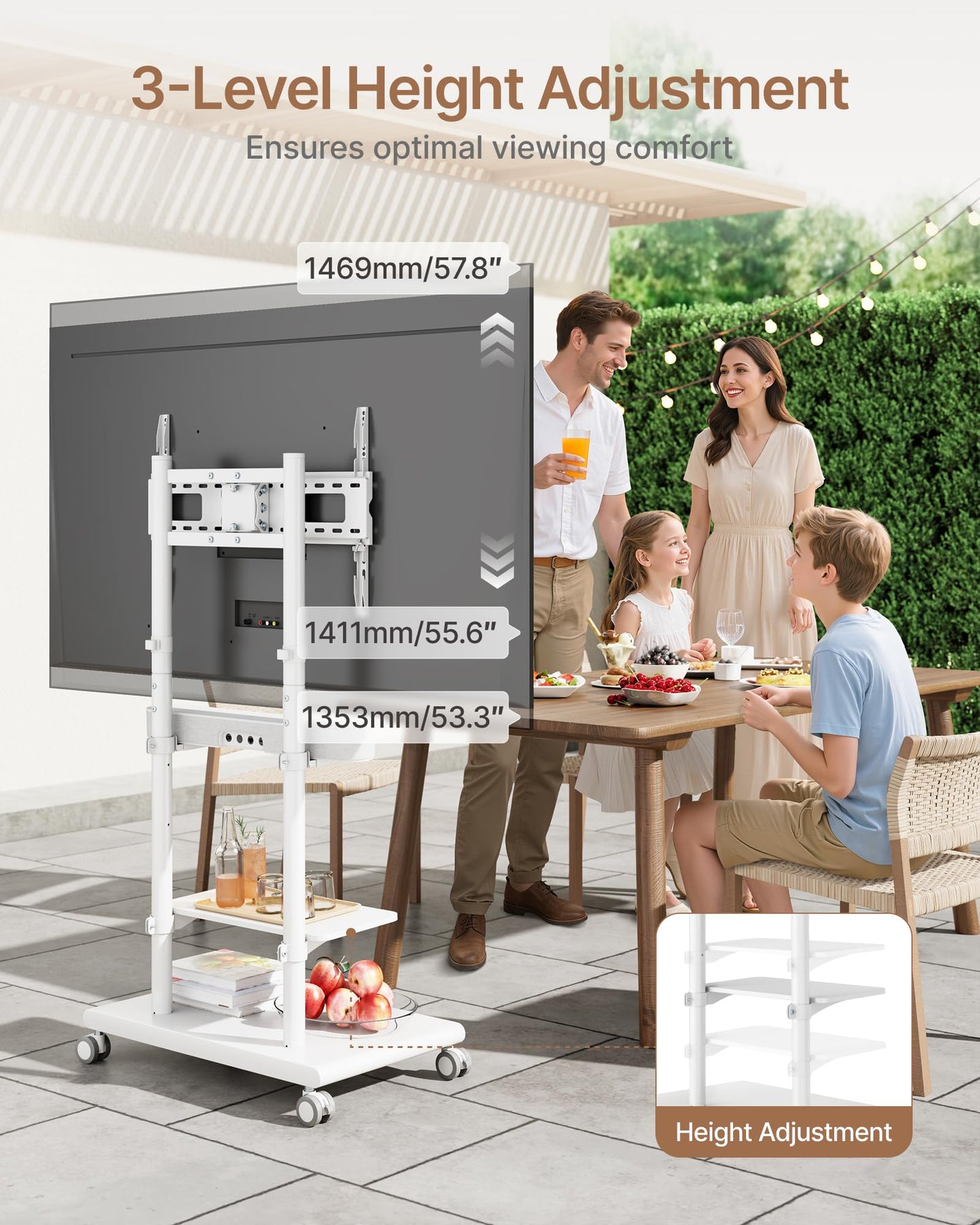 ECOTINY Steel Base Rolling TV Stand with Soundbar Mount for 37-75 inch TVs up to 154lbs, Swivel&Tilt Mobile TV Stand with Large Storage, Height Adjustable Heavy-Duty TV Cart, Max VESA 600x400mm, White