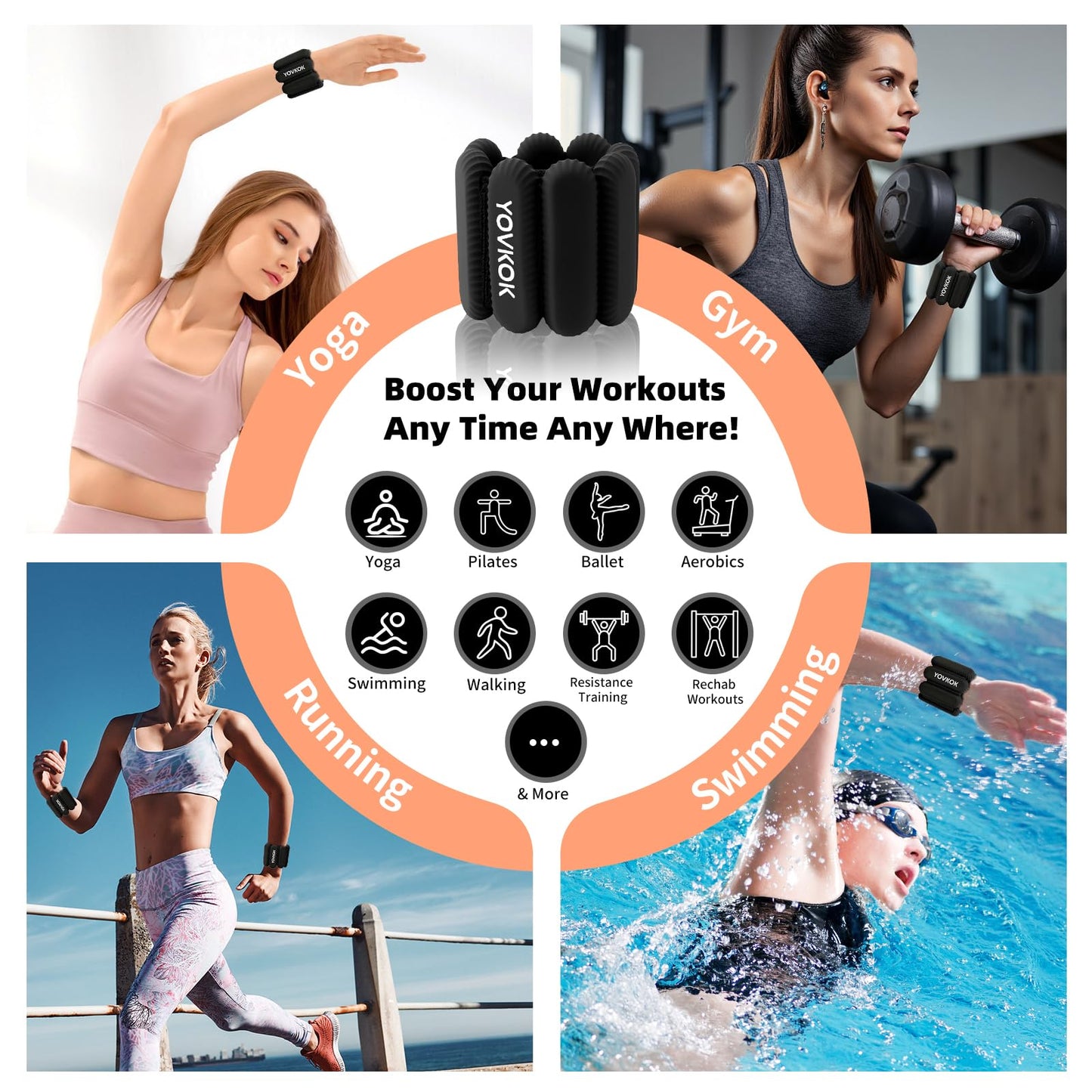 Wrist Weights, Silicone Adjustable Ankle Weights for Women Men - Strengthen Arms and Legs Ideal for for Home Gym Workout, Running, Yoga, Pilates, Barre, Exercise, Strength Training (Natural Black, 4 lbs Pair (2 lb Each))