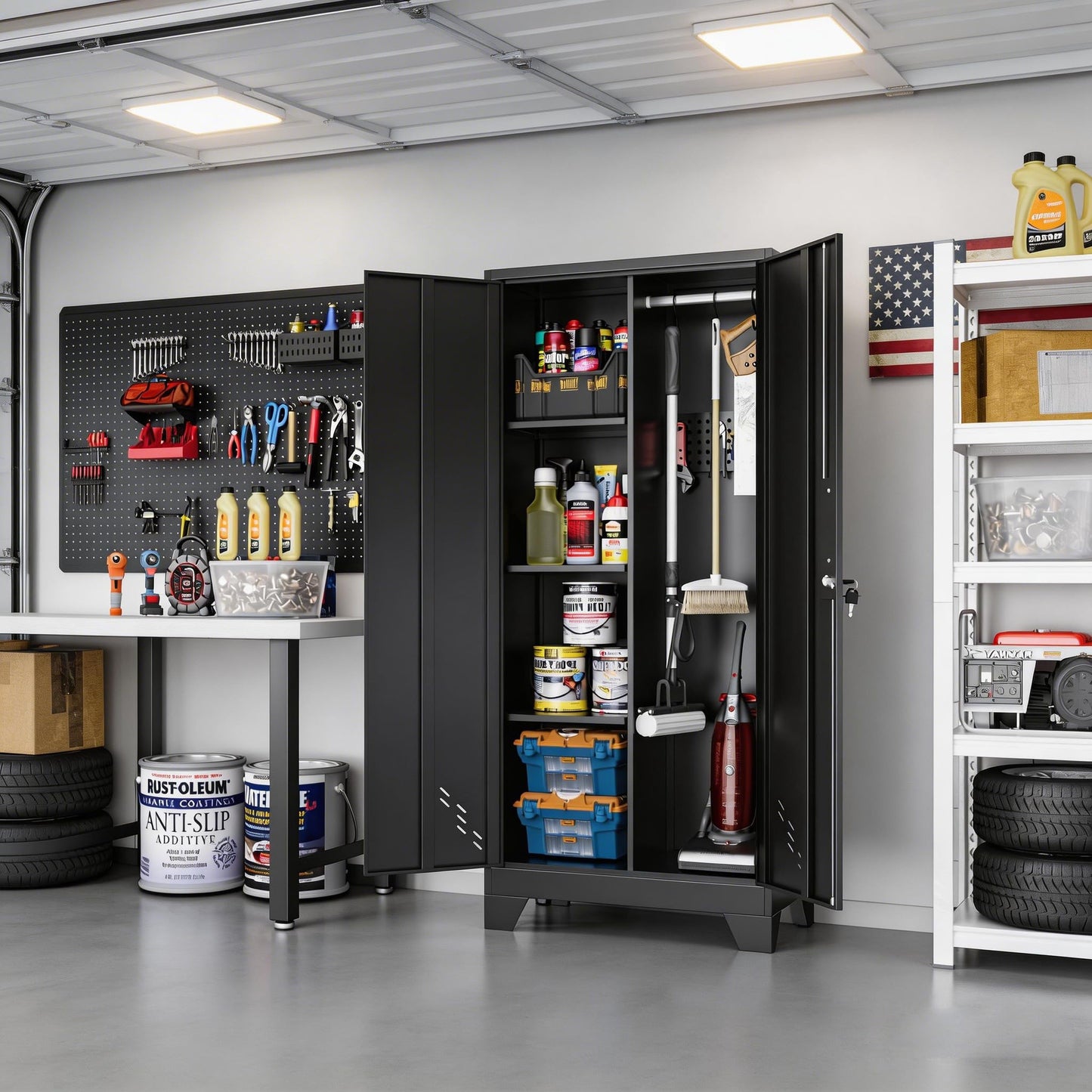OSKEBABO Broom Closet Storage Cabinet, Garage Storage Cabinet with Pegboard & Hanging Rod, Tool Organizer Steel Lockers for Garage, Laundry Room, Home Office, 61" Hx 27.7" Wx13.8 D