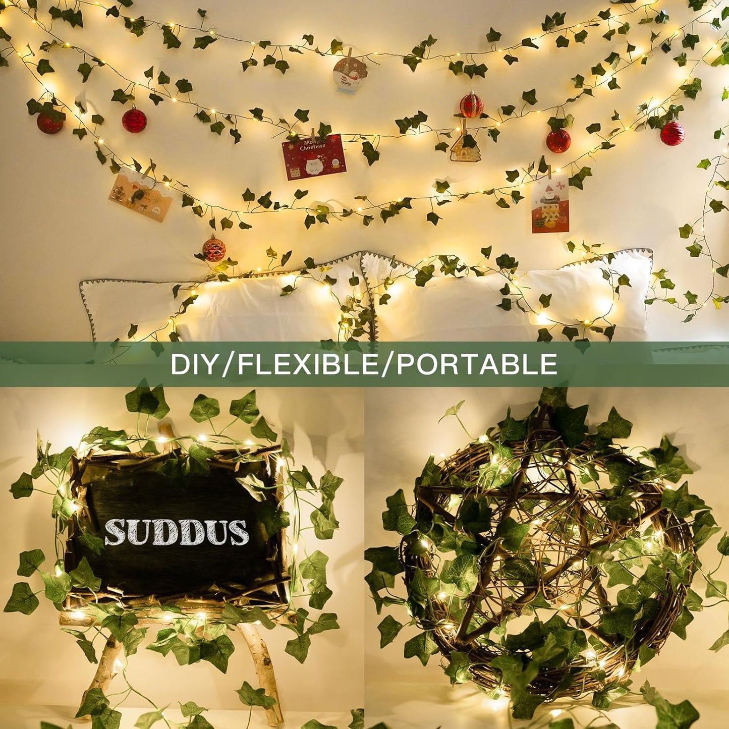 Suddus Ivy String Lights - 33ft 100 LED Battery Operated Fairy Lights with Remote | Warm White for Bedroom, Garden, Party Decor