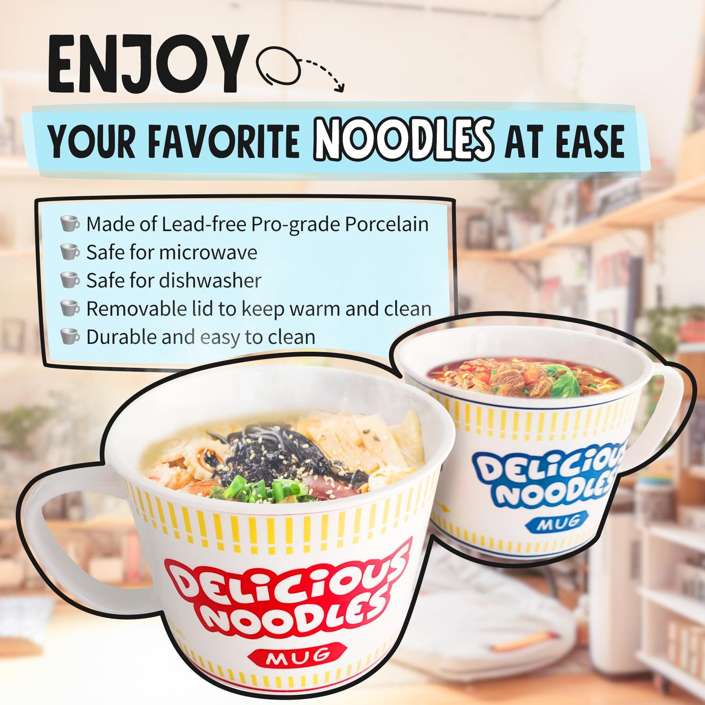 Sophie & Panda Porcelain Instant Noodle Bowl Mug With Handle 34 Oz - A Great Accessory For Anyone Who Loves Asian Noodles - One Novelty 5.5” X 4.5” Ramen Bowl with Lid (Red)