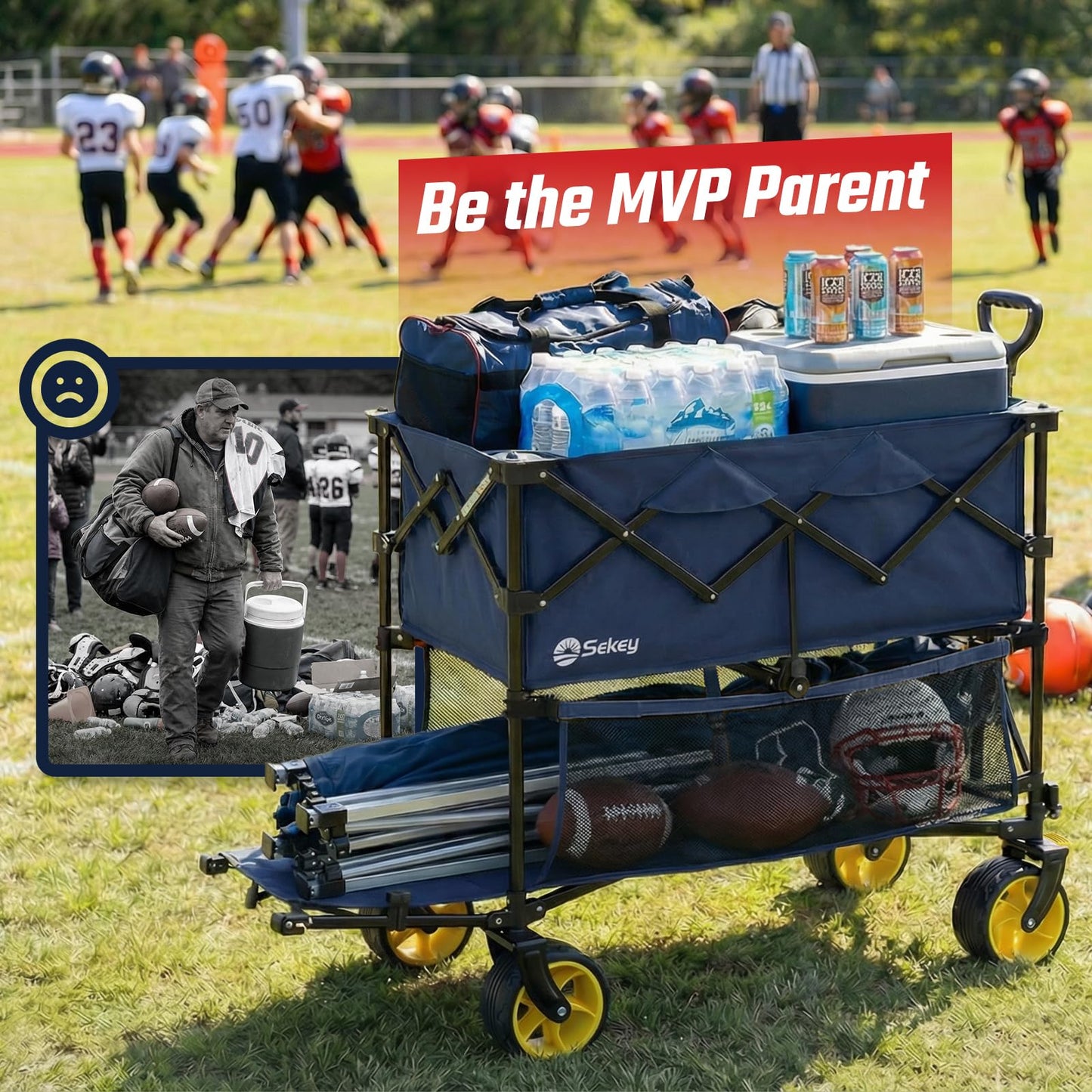 Sekey 500LBS Heavy Duty Double Decker Wagon with Extender, 400L Large Capacity Collapsible Garden Cart Fits 10x10 Canopy, All-Terrain Big Wheels with Brakes, Foldable Utility Wagon for Sports, Camping