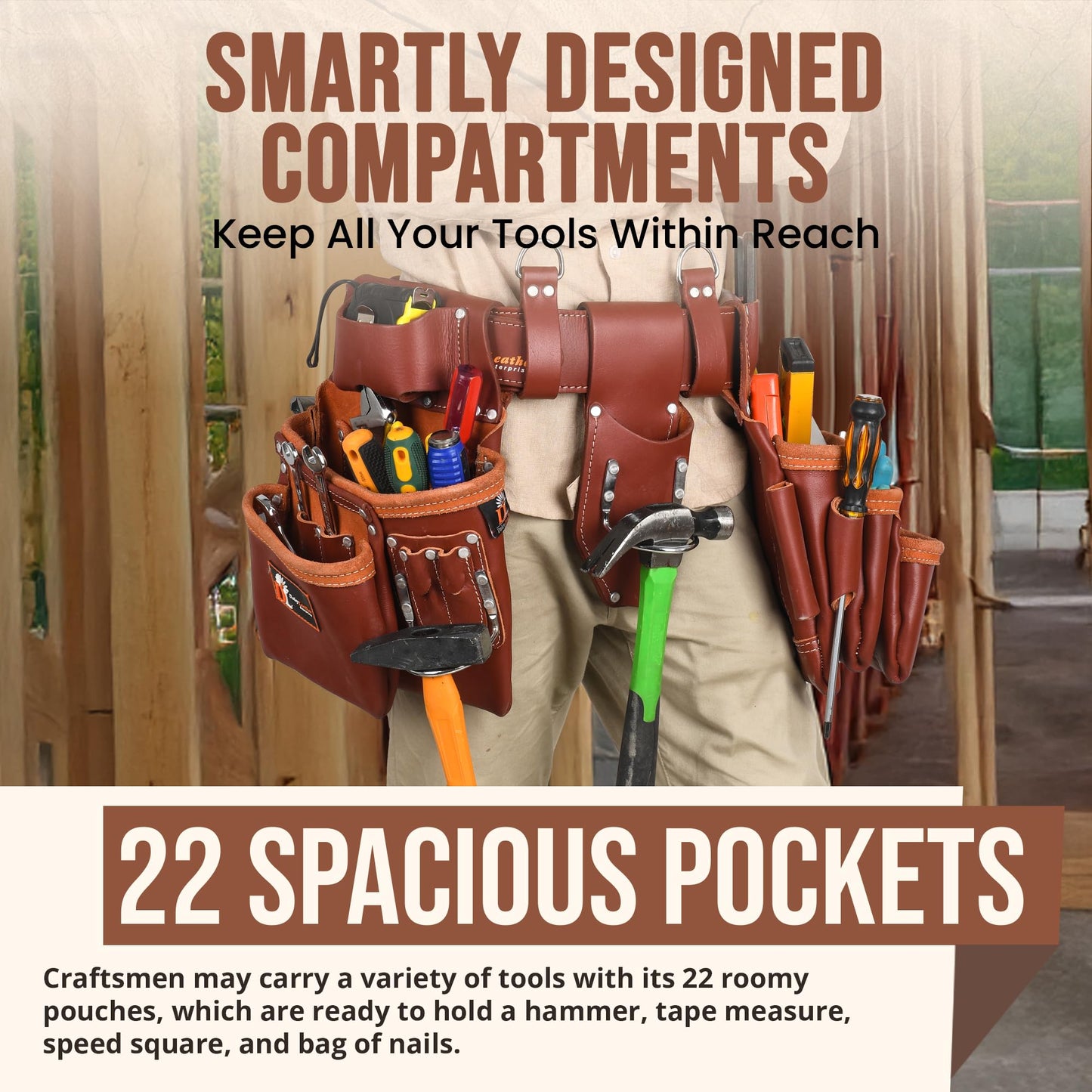Daisy Leather PRO DL-101 Oil tanned Premium 25 pockets Heavy duty Tool Belt, Carpenter belt Pouch for Construction, Carpenter, Craftsman and Electricians workers, Black, X-Large (Cherry Leather)