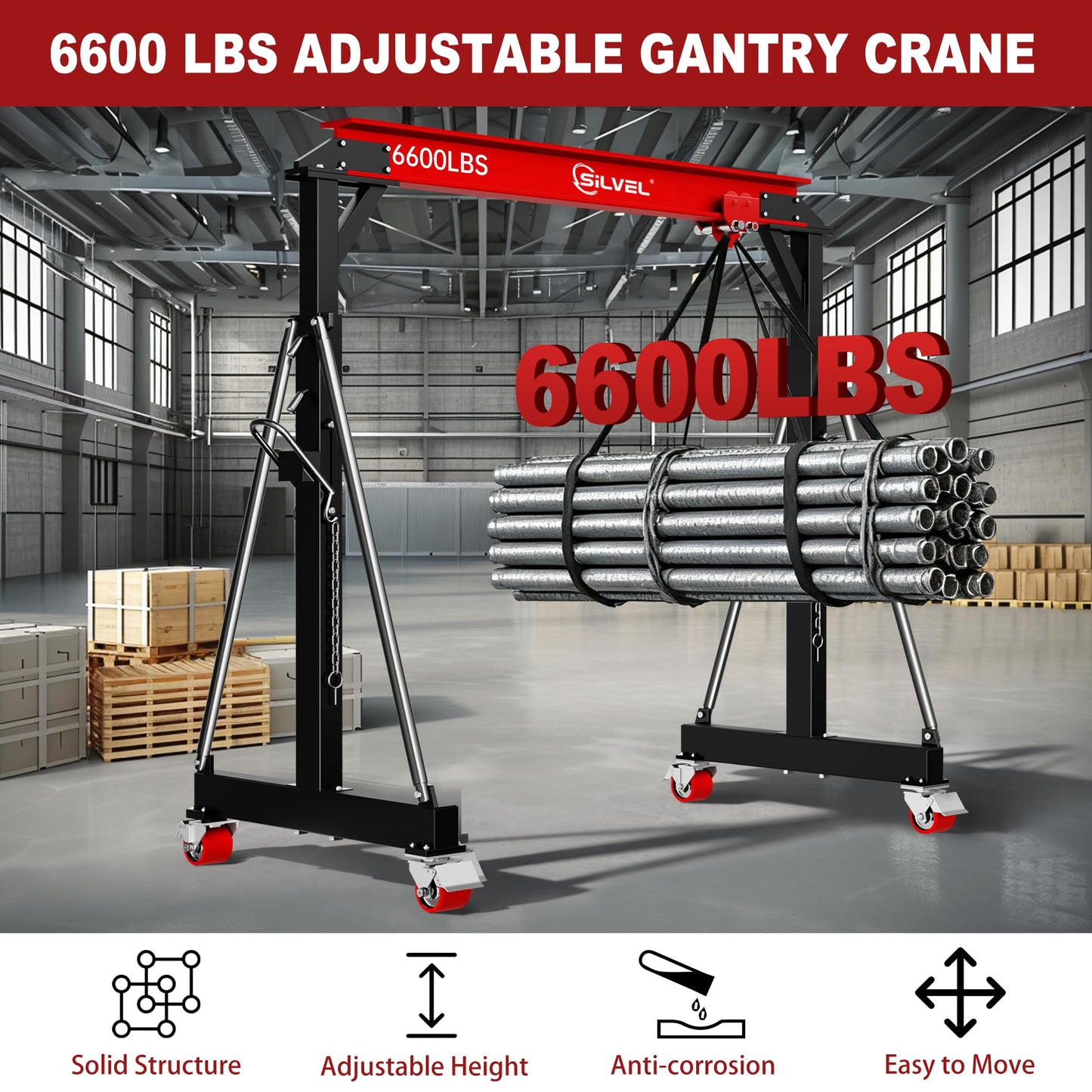 SILVEL 3 Ton 6600Lbs Gantry Crane, 8.53FT Maximum Capacity Width, 8.53-12.47FT Adjustable Height, Portable Shop Lift Hoist with 3 Ton Manual Trolley for Factories, Warehouses, Garage, Red