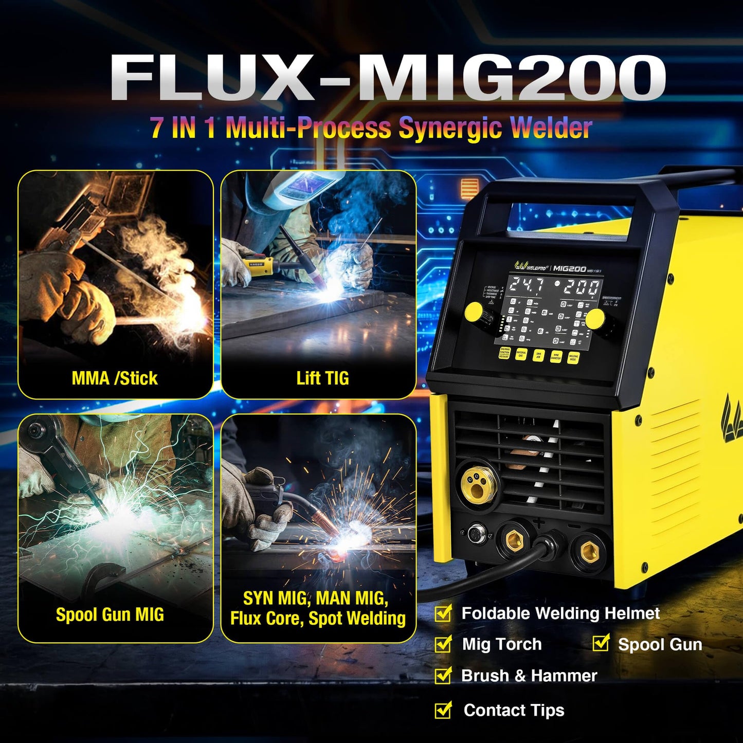 Weldpro 200 Amp MIG Welder, 110/220V 7-in-1 Manual MIG/Synergic MIG/Gasless MIG/Lift TIG/MMA/Spot/Spool Gun Aluminum Multi-process Welding Machine with Large LED Display, IGBT, 2T/4T, Spool Gun