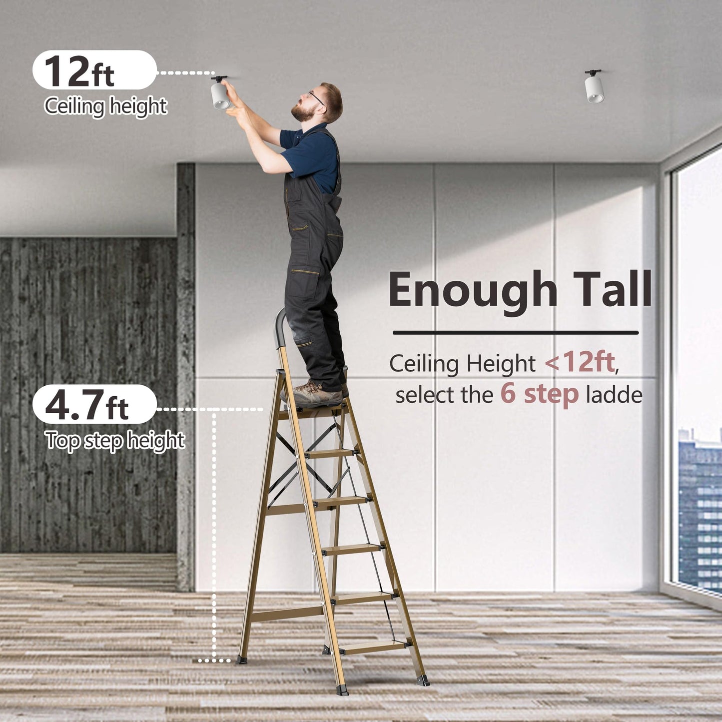 GameGem Lightweight Aluminum 6 Step Ladder for 12 Feet High Ceiling, Folding Step Stool Stepladders with Anti-Slip and Wide Pedal for Home and Kitchen Use Space Saving (Brown Gold)