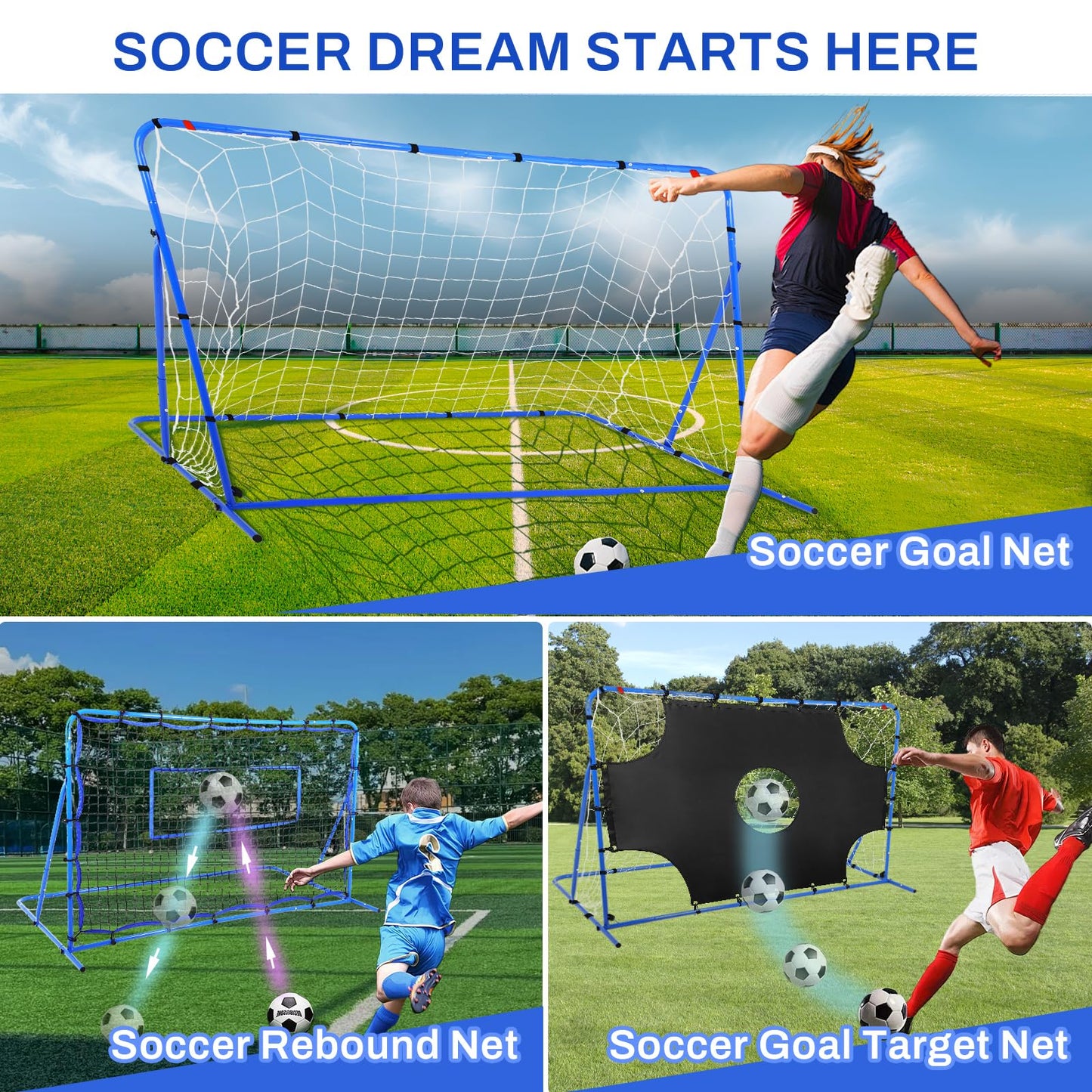 Soccer Goal 3-in-1, Tear-Resistant Target/Rebound Net, Precision & Corner Kick Training for Kids Teenagers Ball Control 6x4FT