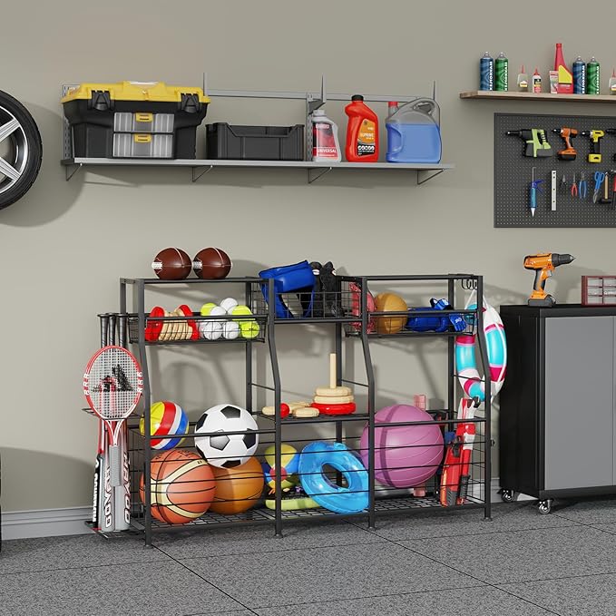 Garage Sports Equipment Organizer - Ball Storage Rack with Elastic Rope or Wire Mesh,Garage Organizer System with Wheels,Indoor/Outdoor Sports Rack for Sports Gear and Toys Storage,Black