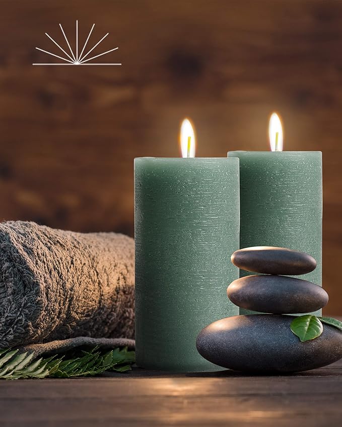 Mottled Pillar Candles by Bask - Set of 6-3" x 6" Dripless Unscented Candles in Dark Green for Home Decor, Relaxation & All Occasions