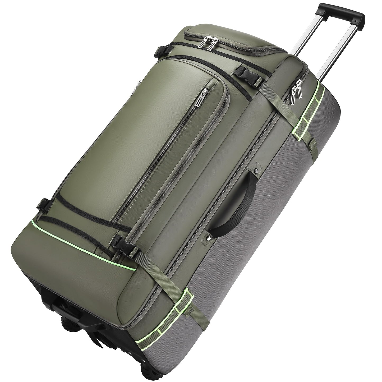 100L Extra Large Rolling Duffel Bag with Wheels and Handle – 33" Heavy-Duty 1600D PVC Checked Luggage for Business Travel, Men’s Week-Long Trips & Student Relocation, Foldable Base Design (Army Green)