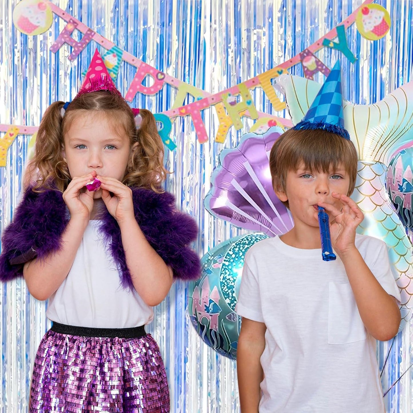 Skiennix 2 Pack Foil Curtain Backdrop - Iridescent Metallic Tinsel Fringe for Parties & Events