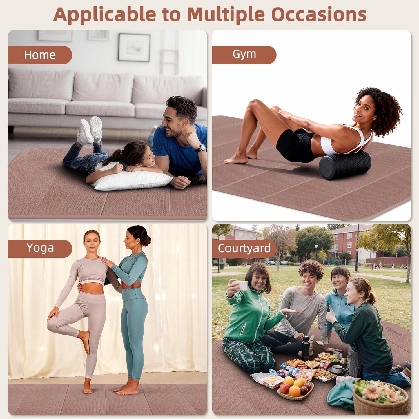 Large Yoga Mat, 75"x48" Extra Wide & Long Yoga Mat, 0.4" Thick Folding Exercise Mat, 2-Person Workout Mat for Home Gym, Extra Large Non-Slip Fitness Mat for HIIT, Yoga, Stretching, Portable Design for Easy Storage (Brown+Apricot)