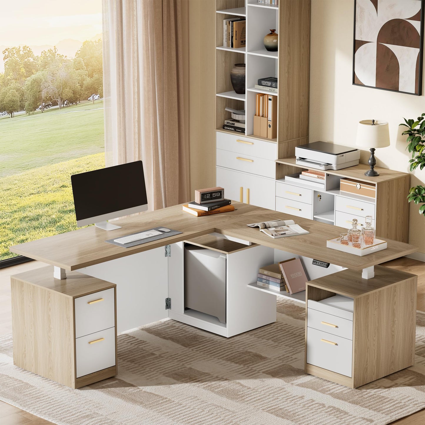 ModernMate 71" L-Shaped Electric Standing Desk with 5 Drawers, One-Piece Height Adjustable Executive Stand Up Desk, AC/USB & Privacy Panel, Home Office Workstation with Storage, Light Walnut