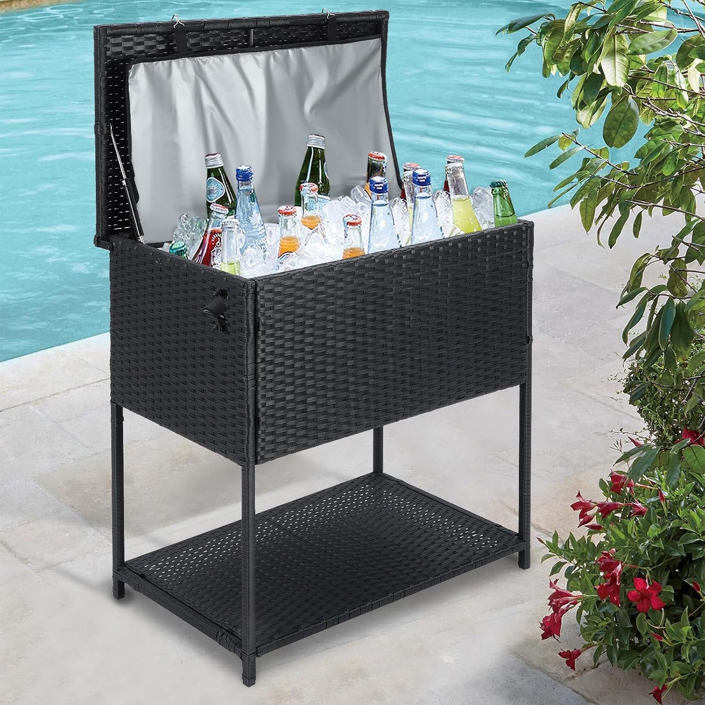 Skiennix 80 Quart Ice Chest Cooler Cart - Outdoor Beverage Stand with Bottle Opener for Parties & Patios