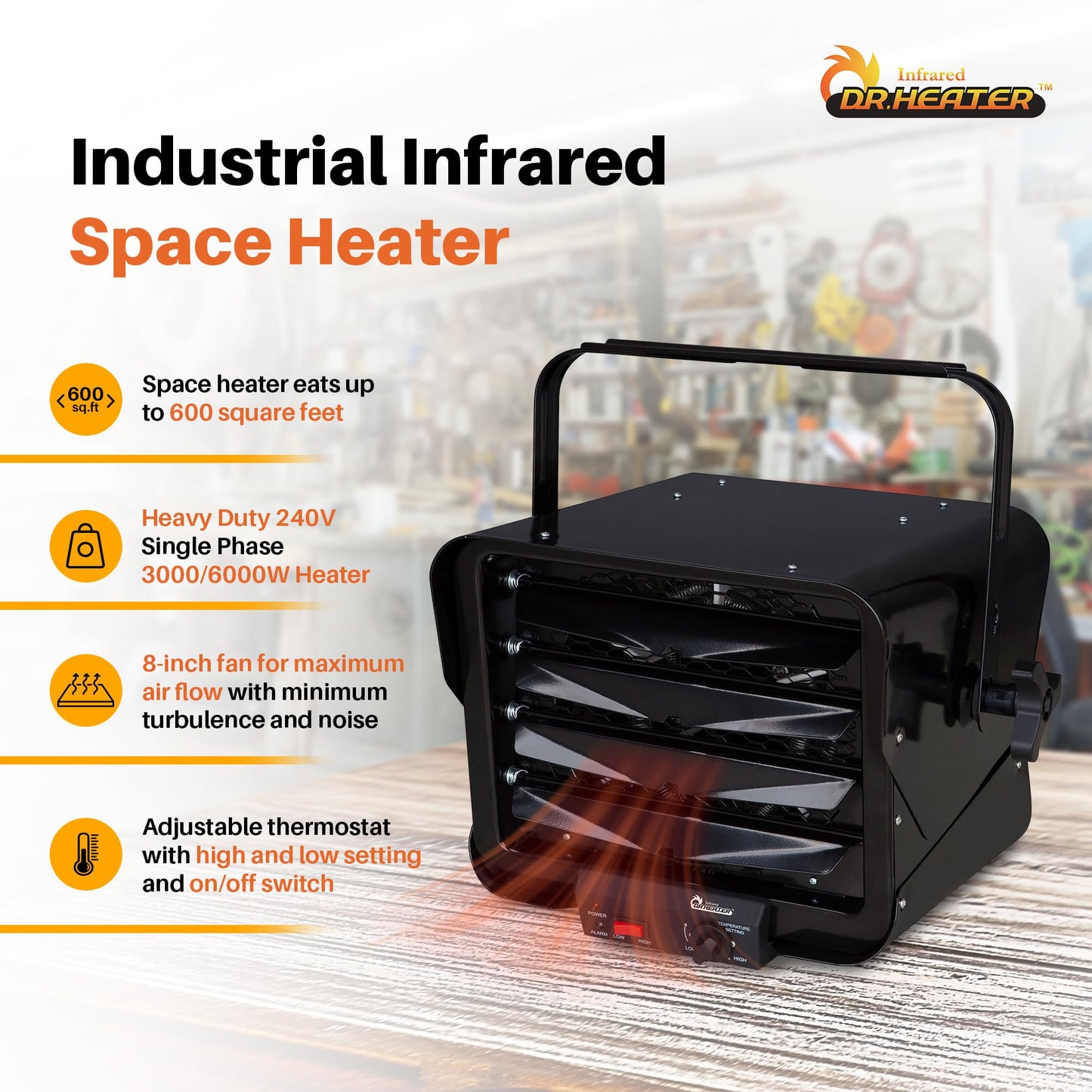 Dr. Heater DR966 240-volt Hardwired Shop Garage Commercial Heater, 3000-watt/6000-watt, DR966 240V, Black