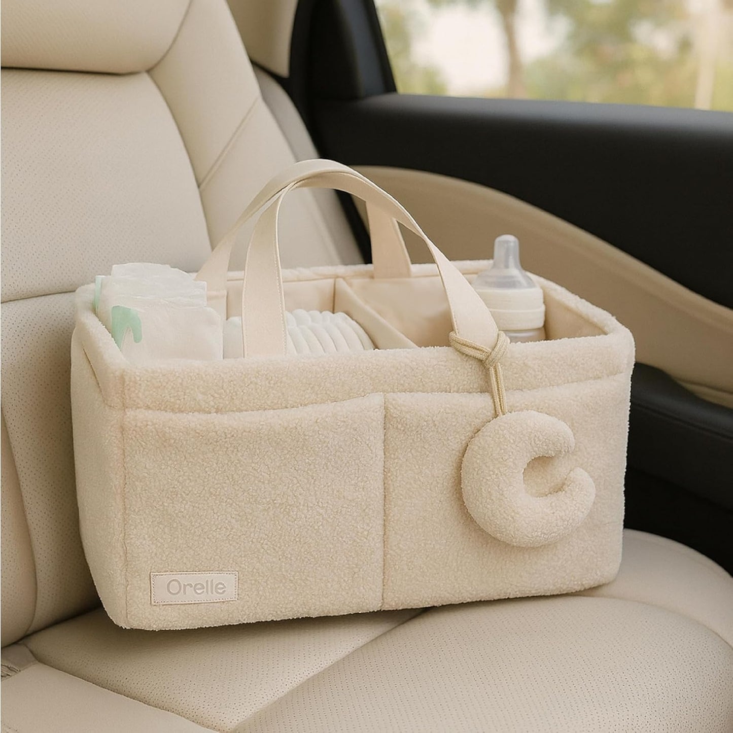Orelle Bouclé Diaper Caddy Organizer - Portable Changing Table with Matching Pouch & Moon Pendant | Cream