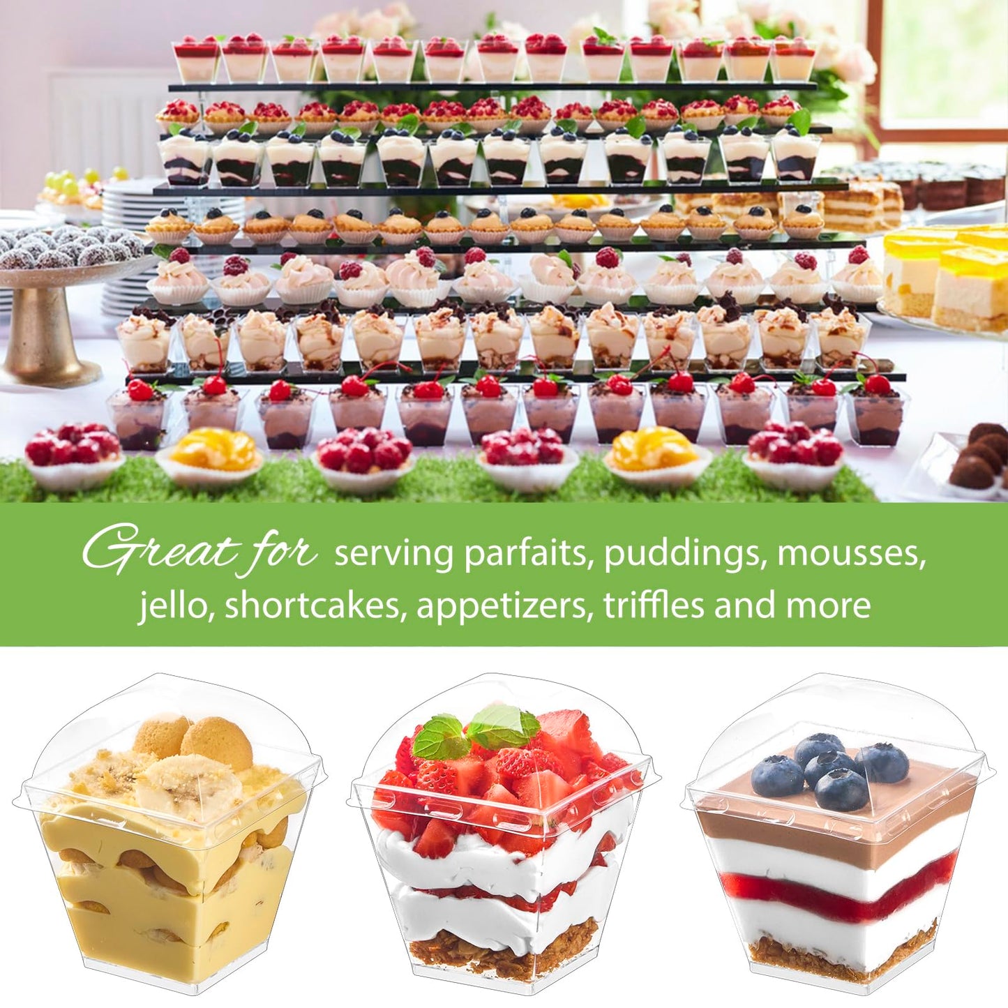 Zezzxu 50 Pack 7 oz Square Dessert Cups with Dome Lids and Spoons, Plastic Pudding Cups with Lids Mini Parfait Shooter Cups for Party Individual Banana Pudding Jello Yogurt Fruit Trifle