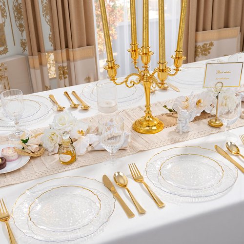 bUCLA 40PCS Clear and Gold Plastic Plates - Fancy Lace-Edge Clear Plates with Gold Trim Hammered Disposable - Include 20 Each(Dinner&Dessert) for Party & Wedding
