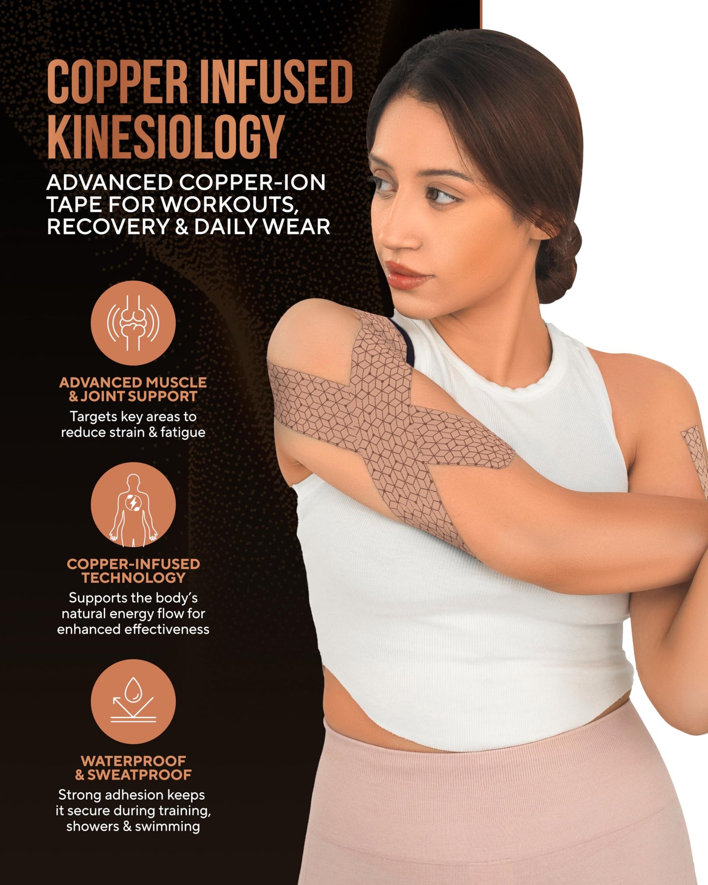 TheraCopper Copper Infused Kinesiology Tape – 2 Rolls (40 Precut Strips) – Advanced Waterproof Kinesiology Tape for Shoulder, Elbow, Bowling Wrist, Weightlifting, Muscle Strain & Joint Support (Tan)
