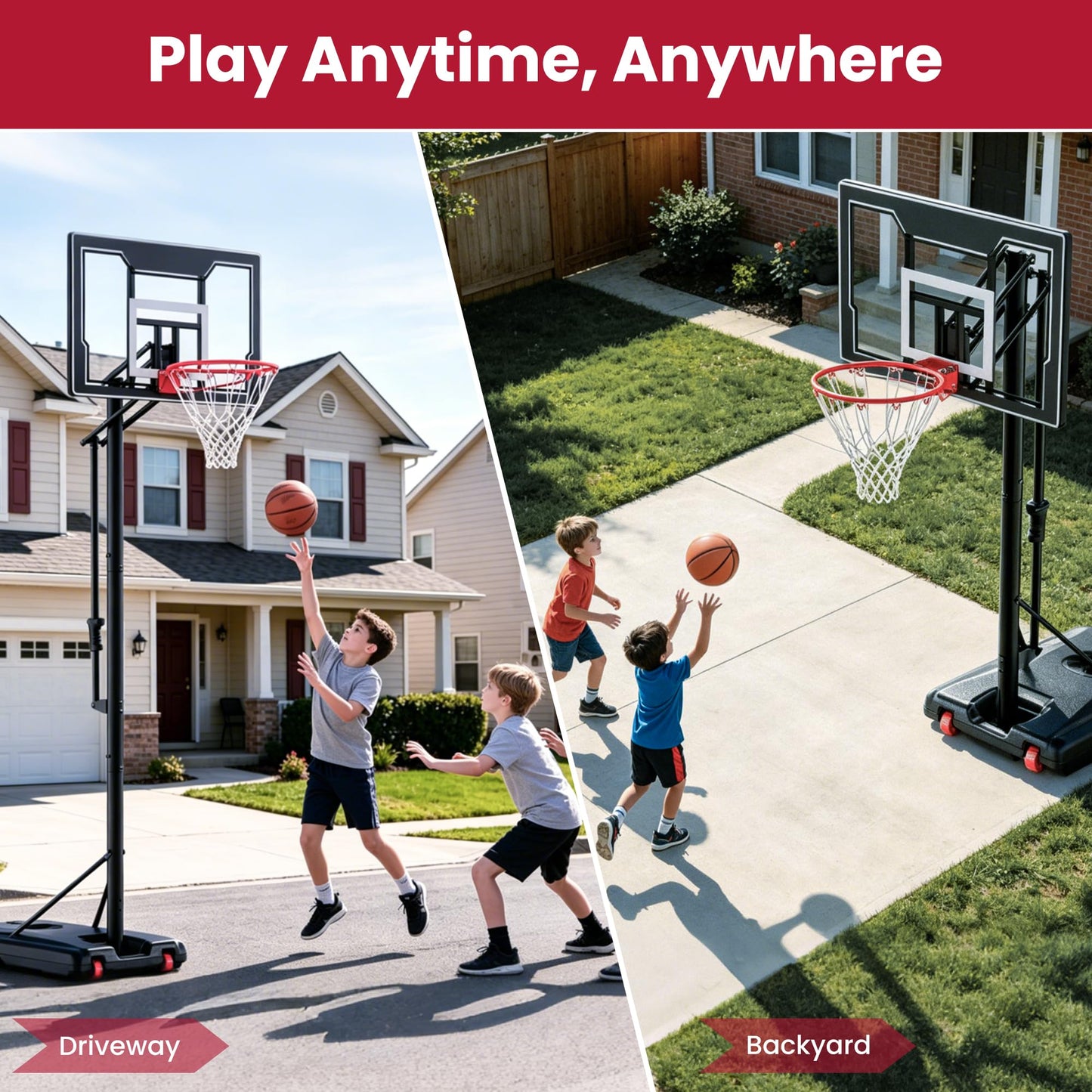 Feelwin Basketball Hoop for Kids Youth Adults, Portable Adjustable Height Basketball Goal with Wheels for Driveway Backyard Outdoor Play