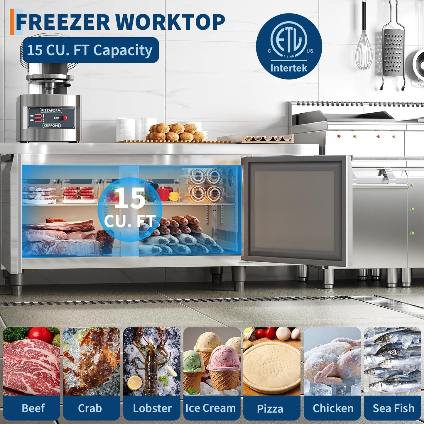 71" Undercounter Commercial Prep Table Freezer – 18 cu. ft. Stainless Steel, 2-Door Frost-Free Freezer Station with Worktop, for Restaurants, Bars, & Food Service"