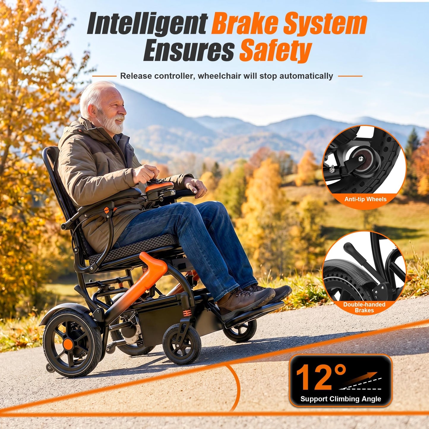 BIQISSI Electric Wheelchair for Adults, 36LBS Lightweight Electric Wheelchairs, 500W Brushless Motor Power Wheelchair, Foldable Motorized Wheelchair for Seniors, Airline Approval (Orange, 15MI)