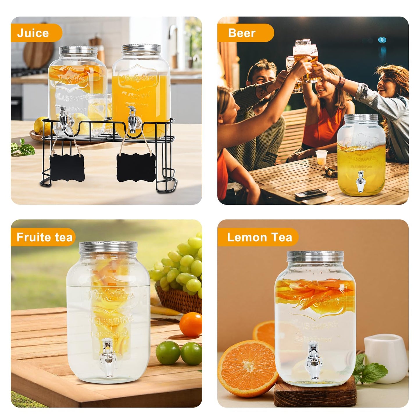 2-Pack 1 Gallon Glass Drink Dispensers for Parties - Leak-Proof Beverage Dispenser with Stand, Spigot, Ice Cylinder & Chalkboard Labels - Perfect for Lemonade, Iced Tea, and Party Drinks