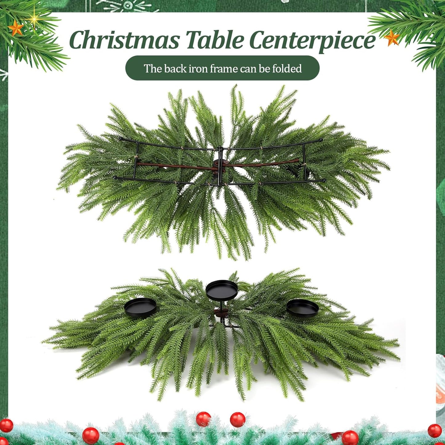 Norfolk Christmas Table Centerpiece - 3 Candle Holders | Pine Needle Holiday Decor for Dining Table